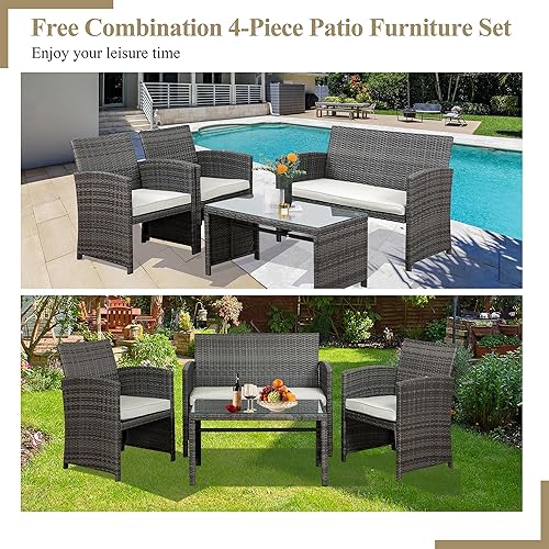 Miniatura 5 de JAMFLY Juego de muebles de patio de 4 piezas, juego de muebles para exteriores, juego de conversación de mimbre con cojines y mesa de vidrio