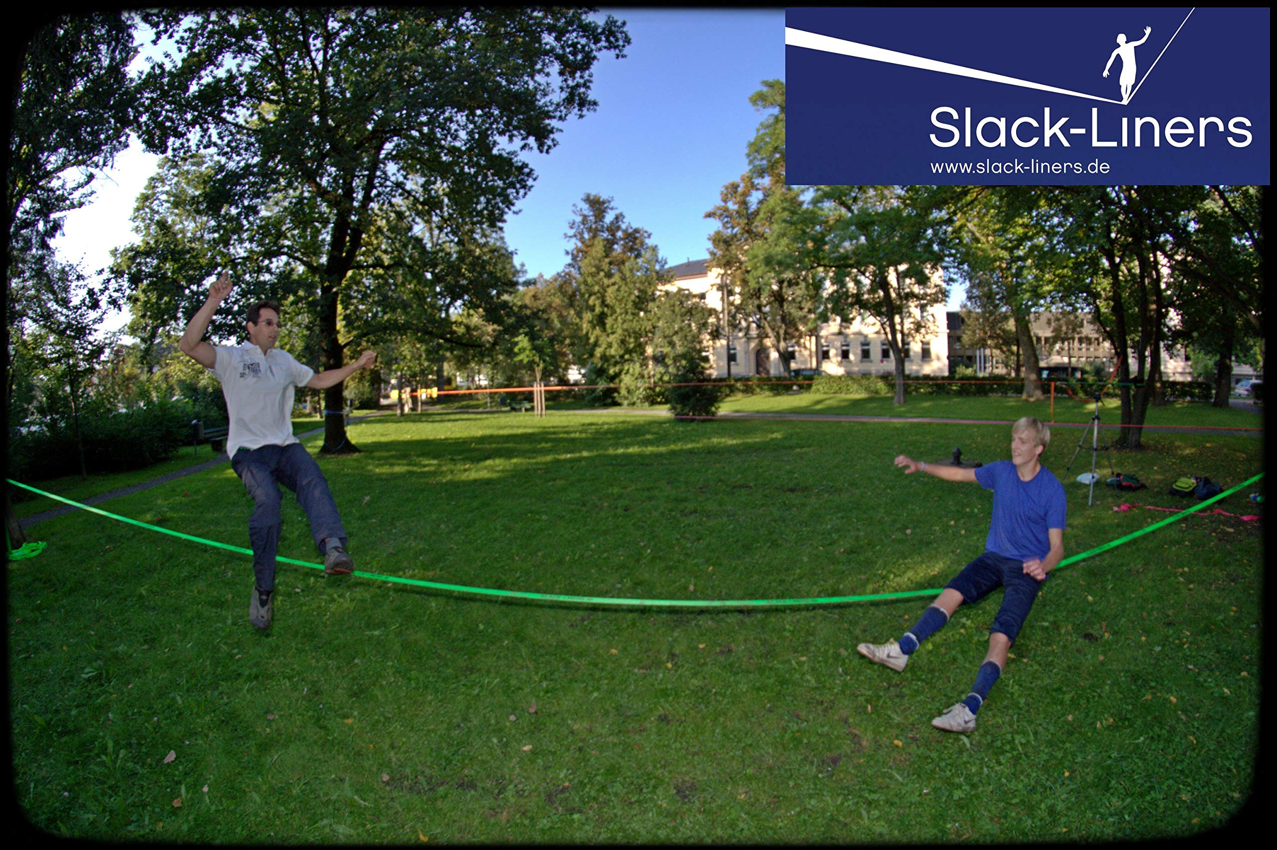 Slack-Liners Slackline Komplett-Set BLAU 6 Teilig - 50mm breit, 25m lang - mit Premium Langhebelratsche Made in Germany