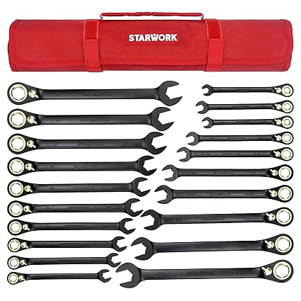 STARWORK TRUE MECHANIC? 20 Pc. 120T Reversible Ratcheting Combination Wrench Set, Long Pattern, SAE, Metric, Professional, With Portable Roll-Up Pouch Bag