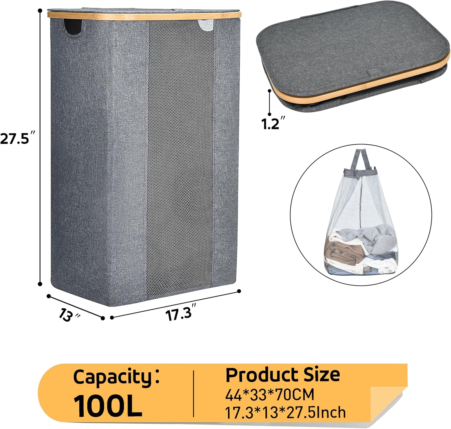 ELONG HOME Laundry Basket, 100L Grey Collapsible Laundry Baskets with Removable Liner and Bamboo Handle, Laundry Basket with Lid for Bathroom, Bedroom & Laundry Room