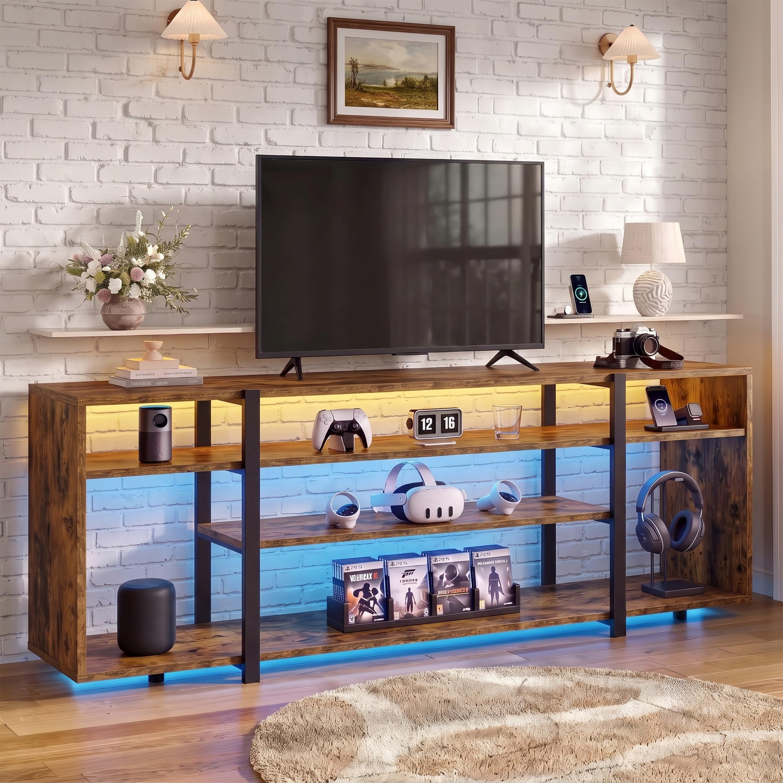 Blisswood TV Stand Cabinet with LED Lights, Industrial TV Unit with 7 Open Shelves for TV up to 65 Inch,140cm Rustic Storage Media Console, Metal Frame, RGB Gaming Entertainment Center for Living Room