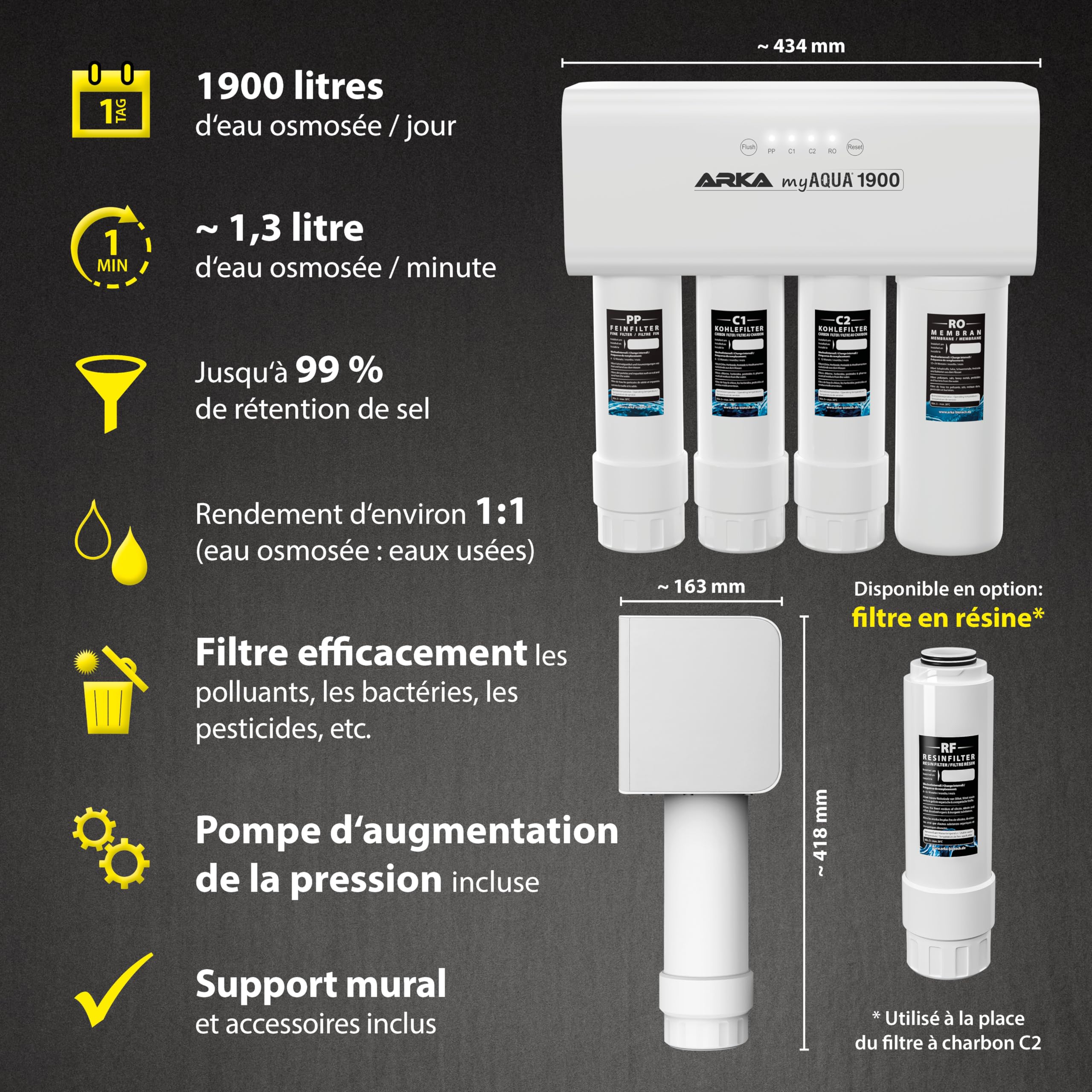 Système d’osmose inverse 1900 L/jour – ARKA myAQUA 1900 – élimine 99 % des sels, polluants & bactéries – filtre à eau & adoucisseur intelligent pour aquarium & maison – kit complet avec indicateur LED