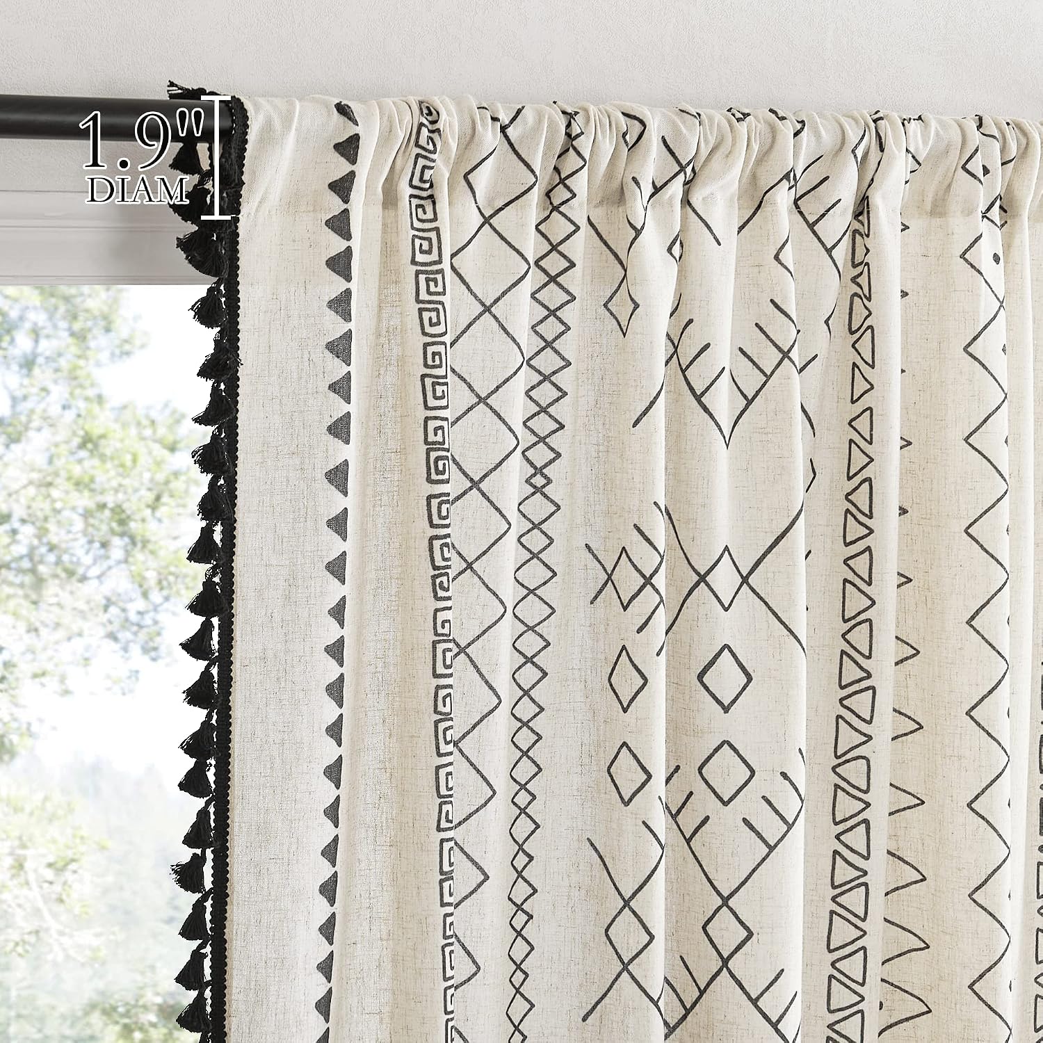 NICETOWN Thick Linen White Boho Kitchen Curtains for Bedroom 63 inch Length 2 Panels, Rod Pocket Rustic Privacy Added Semi Sheer Bohemian Macrame Drapes with Light Filtering, W52 x L63