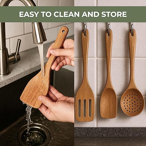 Miniatura 8 de Vasilek Juego de utensilios de madera XXL 13 piezas de herramientas de cocina de madera de acacia con soporte cuadrado para utensilios de cocina
