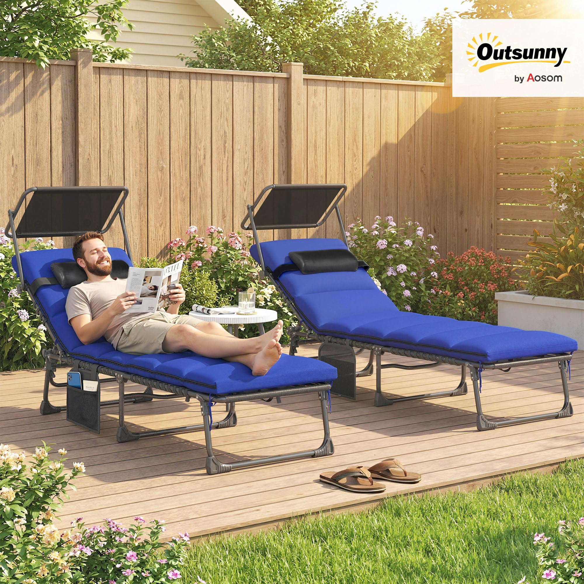 Outsunny Folding Sun Loungers Set of 2 with Canopy, 5-Position Reclining Garden Lounger, Side Pocket, Headrest, Cushions, Portable Recliner Sunbed with Carry Handle for Camping Beach Patio, Dark Blue — view 2