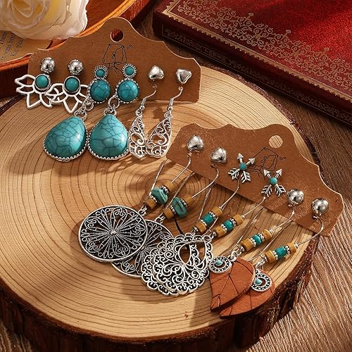 Miniatura 6 de IFKM Bohemian Jewelry Set With Turquoise Necklace, Dangle Earrings, Stackable Bangle Bracelets, Knuckle Rings For Women Vintage Western Boho