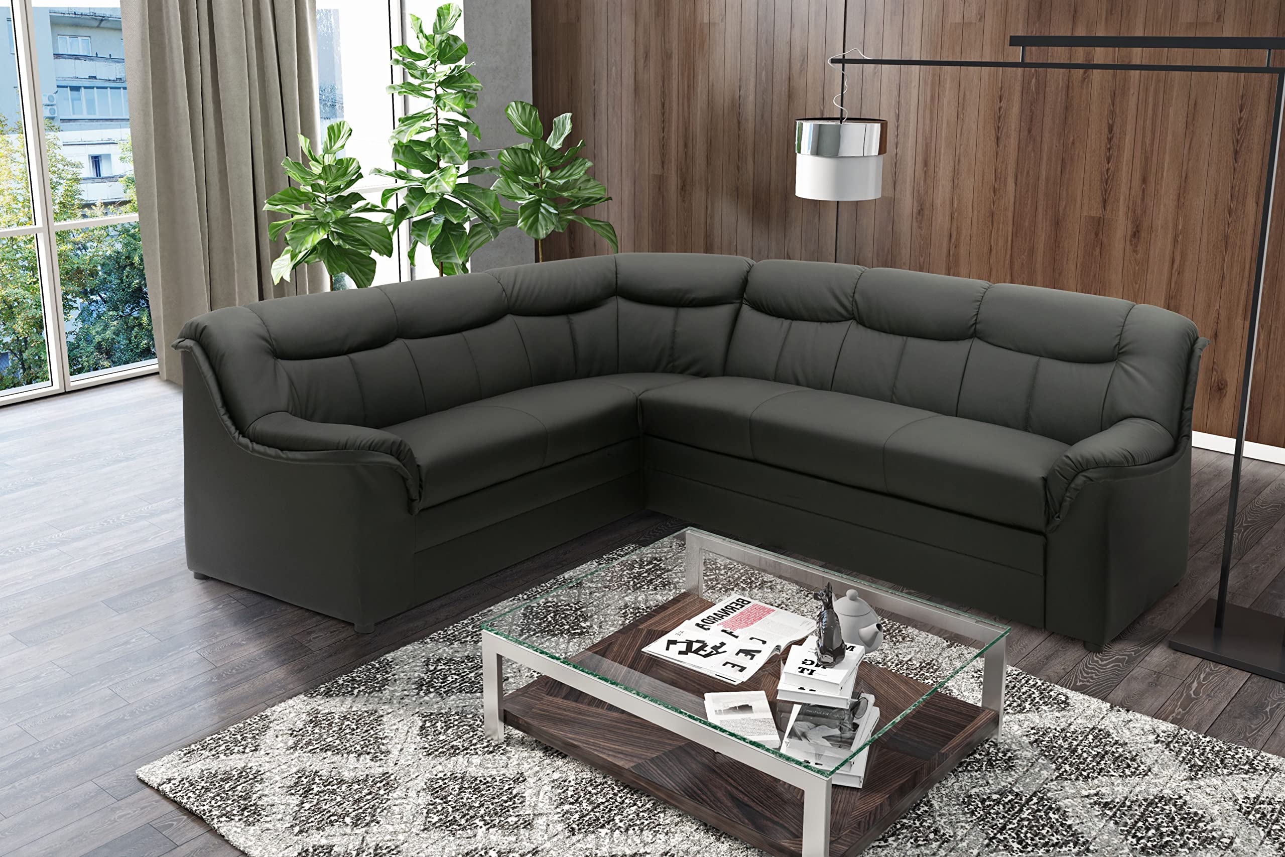 DOMO. collection Ecksofa Berlin, Zeitlose Leder-Eckcouch mit hochwertiger Federkern-Polsterung, Sofa in L-Form aus Kunstleder, 3 Sitzer rechts, Couch 205 x 250 x 89 cm, schwarz