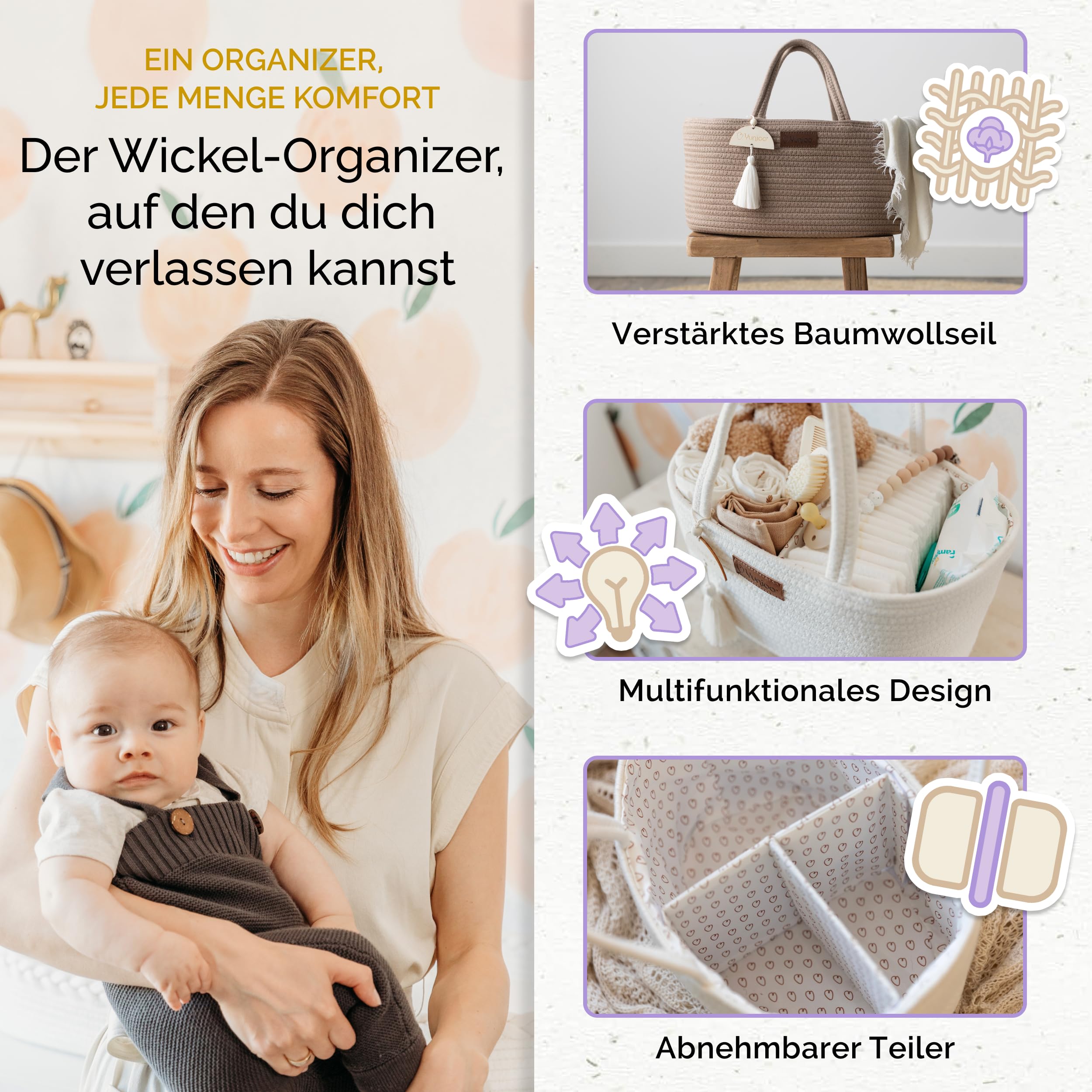 Yunioo Wickelkorb mit atmungsaktiver Matratze & Windel-Organizer – Für entspannte Wickelmomente, hautfreundlich, faltbar, robust, stilvolle Aufbewahrung