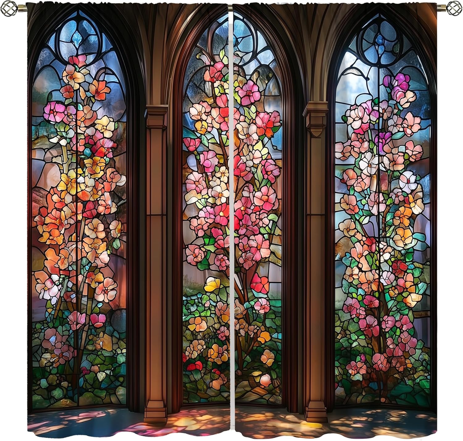 Stained Glass Blackout Curtains for Kitchen,Mid Century Flower Abstract Floral Retro Drape Vintage European Spring Summer Botanical Window Treatments for Girls Kitchen Bedroom Living Room 52x84in