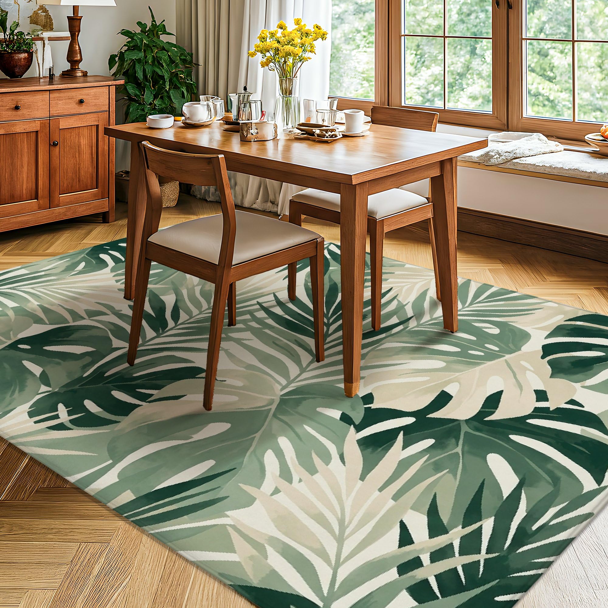 Alfombra de área de hojas, palmeras naturales tropicales, follaje verde de verano, esponja de pelo bajo, suave, rectangular, resistente a las manchas, para sala de estar, dormitorio, cocina, pasillo