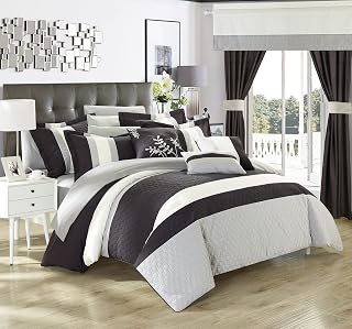 Chic Home CS3025-AN Covington 24 Piece Comforter Set Embroidered Bed in a Bag Sheets Curtains, Cotton, Black, Queen