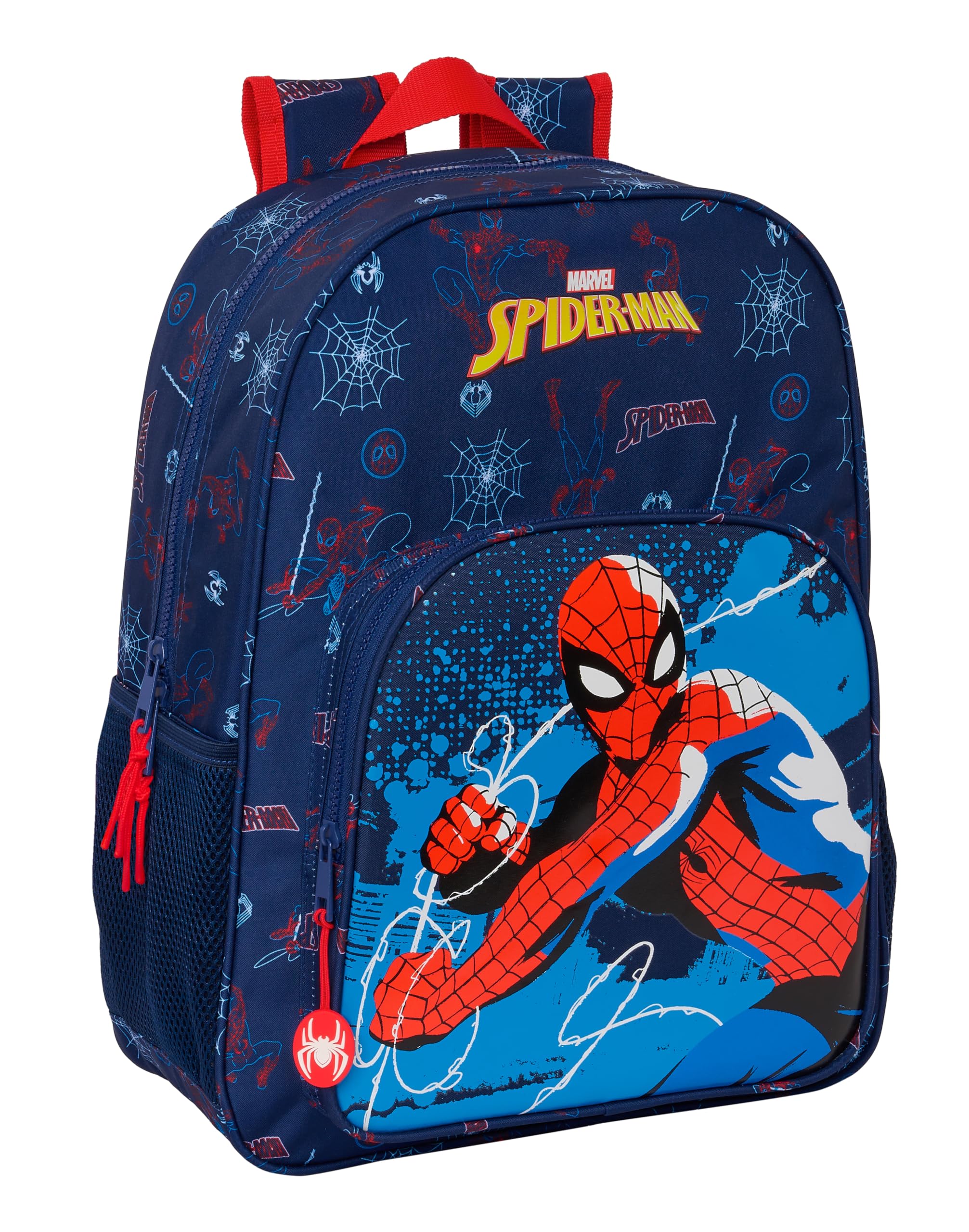 Safta SPIDERMAN NEON - Mochila Escolar Niño, Mochila Niño, Mochila Infantil, Adaptable a Carro, Ideal para Niños en Edad Escolar, Cómoda y Versátil, Calidad y Resistencia, 33x14x42 cm, Color Azul Marino
