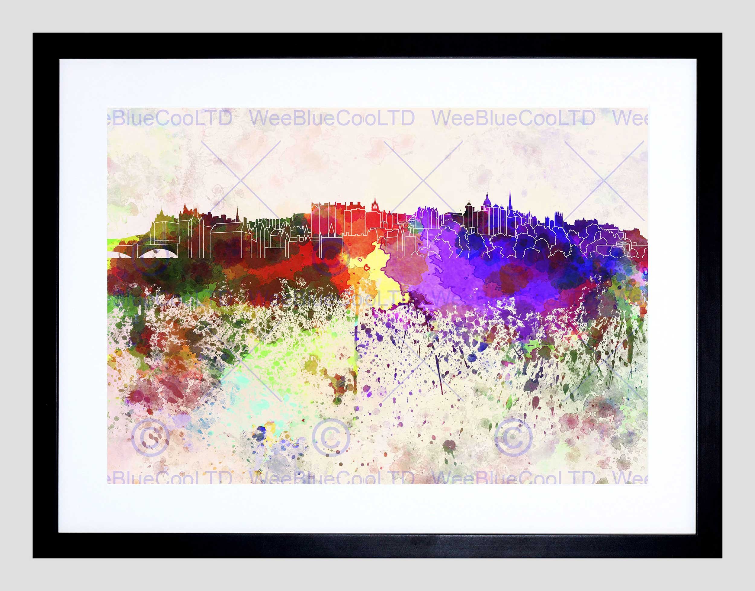 Wee Blue Coo Painting Cityscape Edinburgh Skyline Paint Splash Framed Wall Art Print