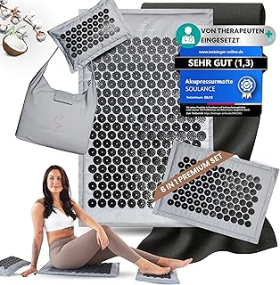 Akupressurmatte mit Kissen- 6-in-1 Premium Set [inkl. Yoga-Tuch] & Tragetasche,Kokosfaserfüllung – Massagematte, Akupunkturmatte gegen Nacken-und Rückenschmerzen (Eis Grau XXL Set)