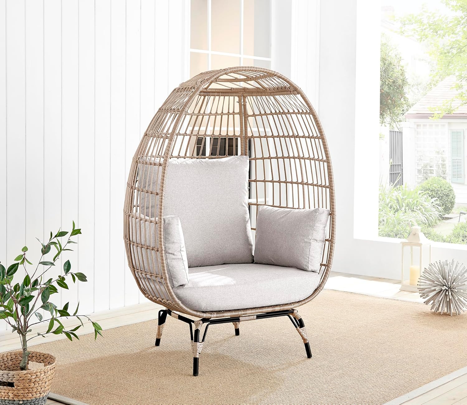 Furniturebox UK Beige Rattan Garden Egg Chair in PE Resin Rattan for