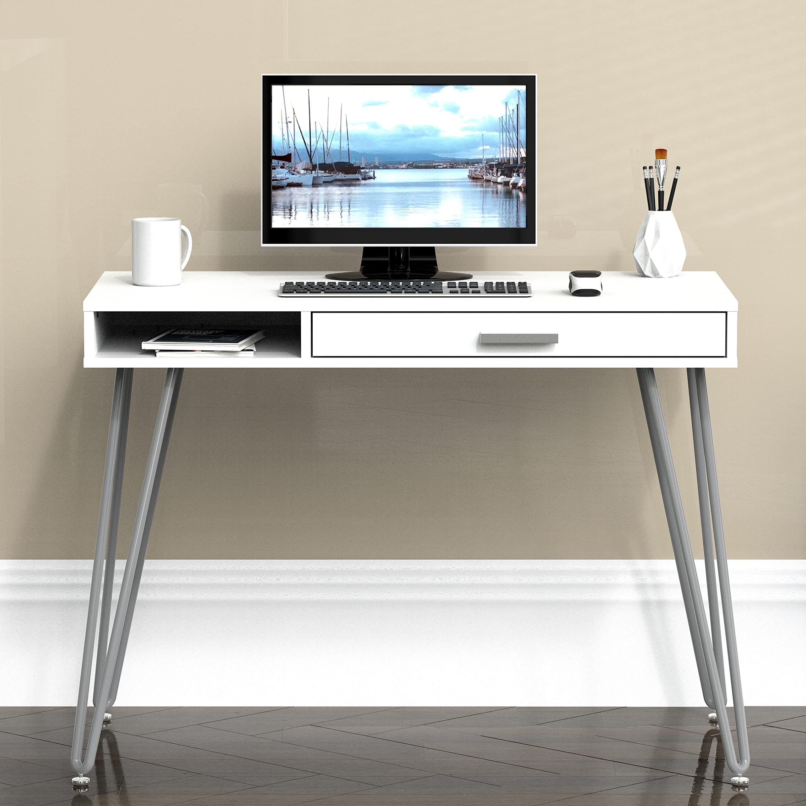 Novogratz Athena Computer Desk With Storage, White Marble Office