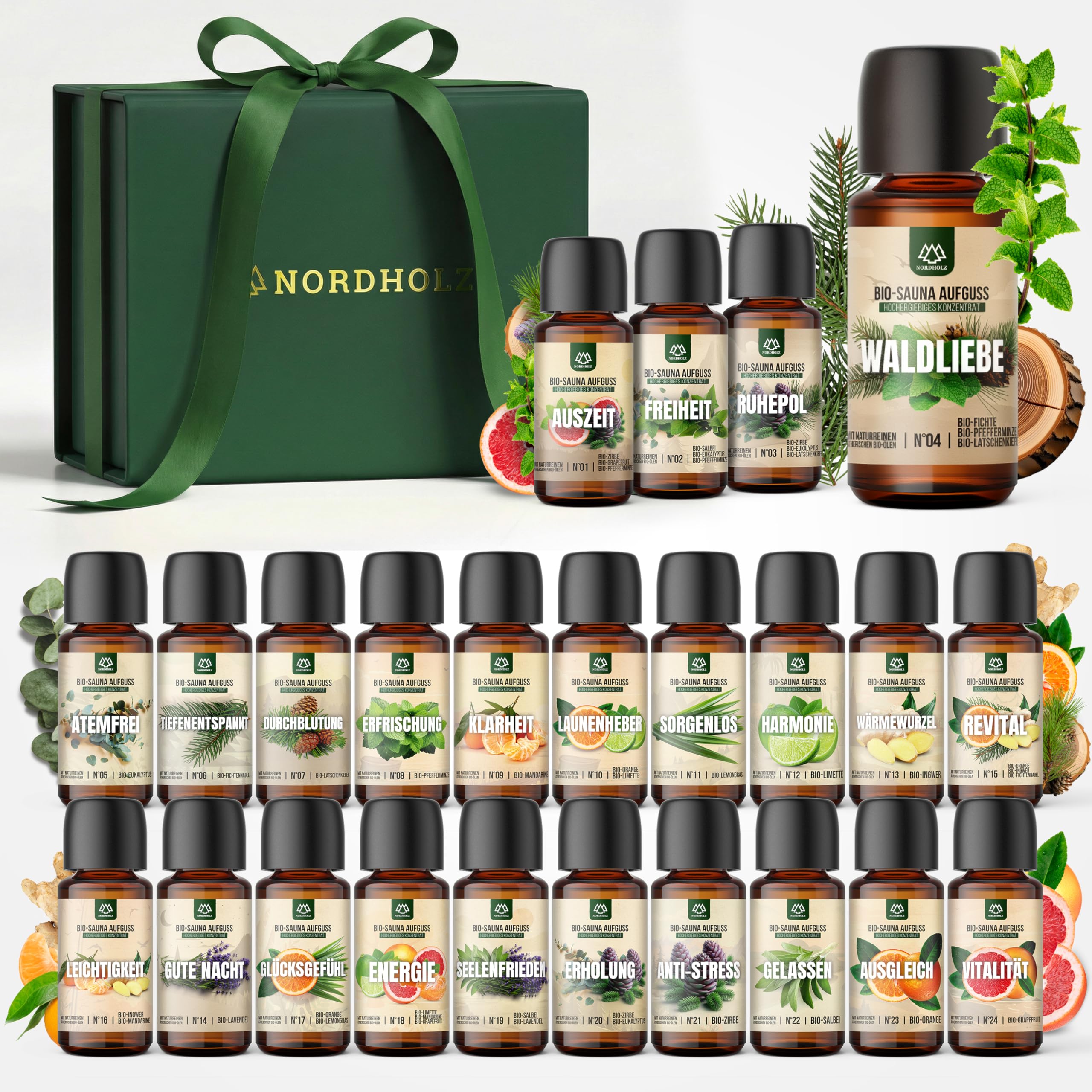 NORDHOLZ® Saunaaufguss [24x15ml] - Sauna Aufgussmittel [Geschenk Set] besonderer & natürlicher Sauna Duft für intensive & erholsame Momente (Bio-Discovery Box #1-#24)