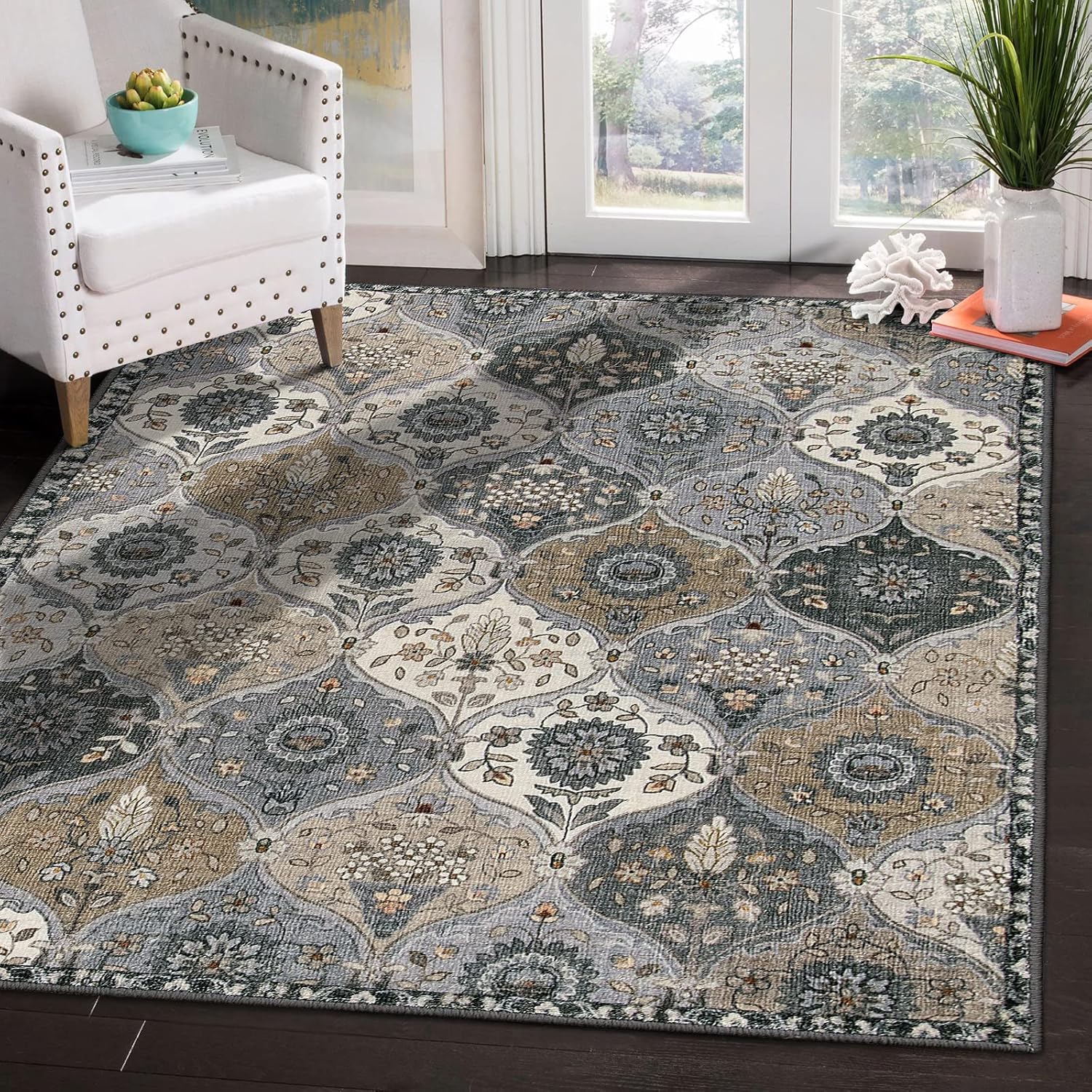 Lahome Moroccan Machine Washable Area Rugs, 4x6 Rug for Living Room Bedroom, Soft Non-Slip Rug Vintage Trellis Ultra-Thin Throw Carpet for Dining Room Office, Grey 02-grey/Multi 4' x 6' (Rec