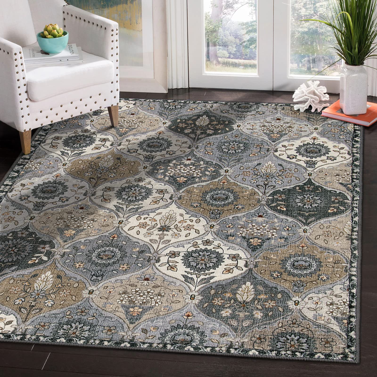 Lahome Moroccan Machine Washable Area Rugs, 4x6 Rug for Living Room Bedroom, Soft Non-Slip Rug Vintage Trellis Ultra-Thin Throw Carpet for Dining Room Office, Grey 02-grey/Multi 4' x 6' (Rec