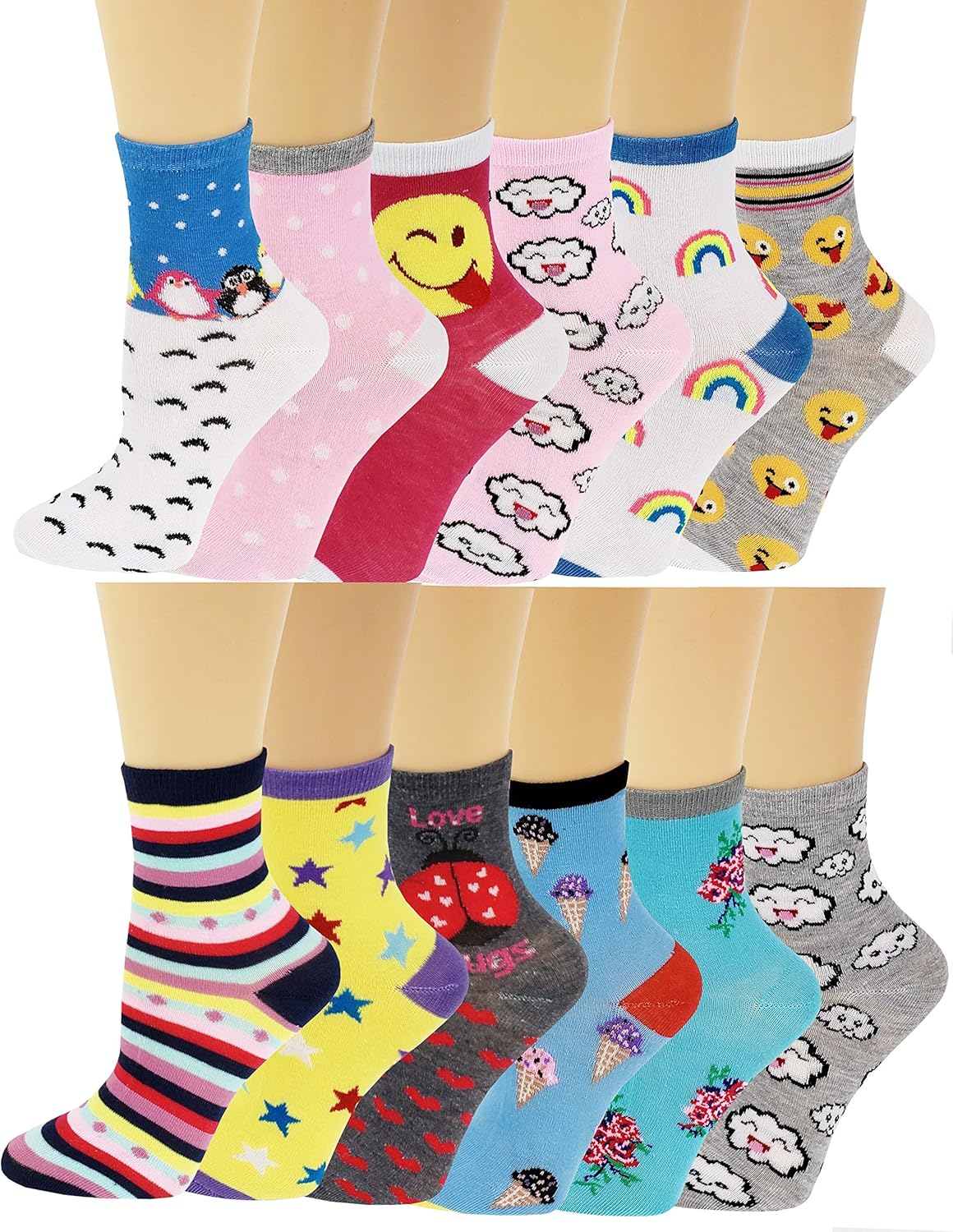 Different Touch 12 Pairs Pack Kids Girls Colorful Creative Fun Novelty Design Crew Socks - Image 5