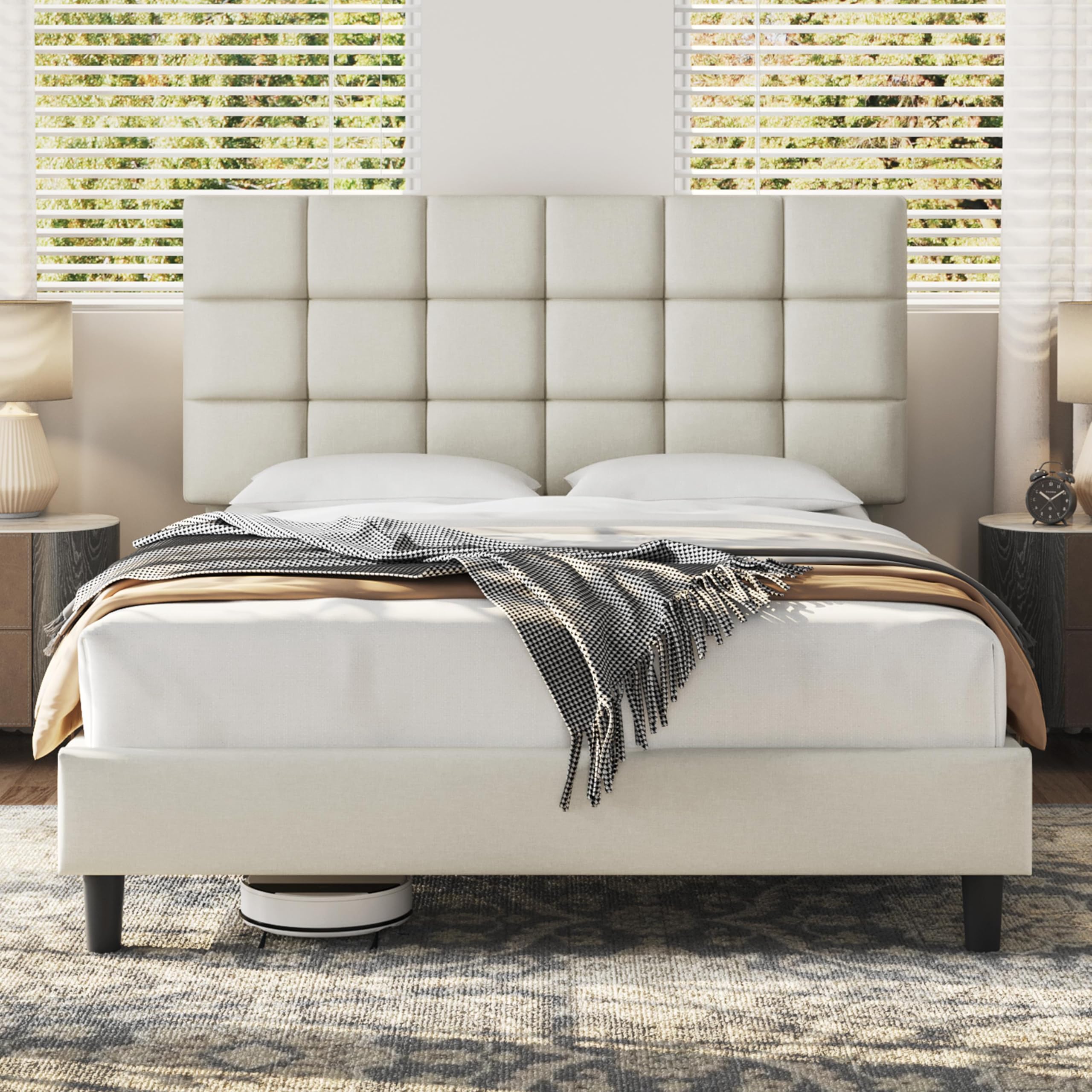 Yaheetech King Upholstered Bed Frame with Adjustable Square Tufted Headboard/Linen Fabric/Sturdy Wooden Slat Support/No Box Spring Needed, 5ft Beige — image 1