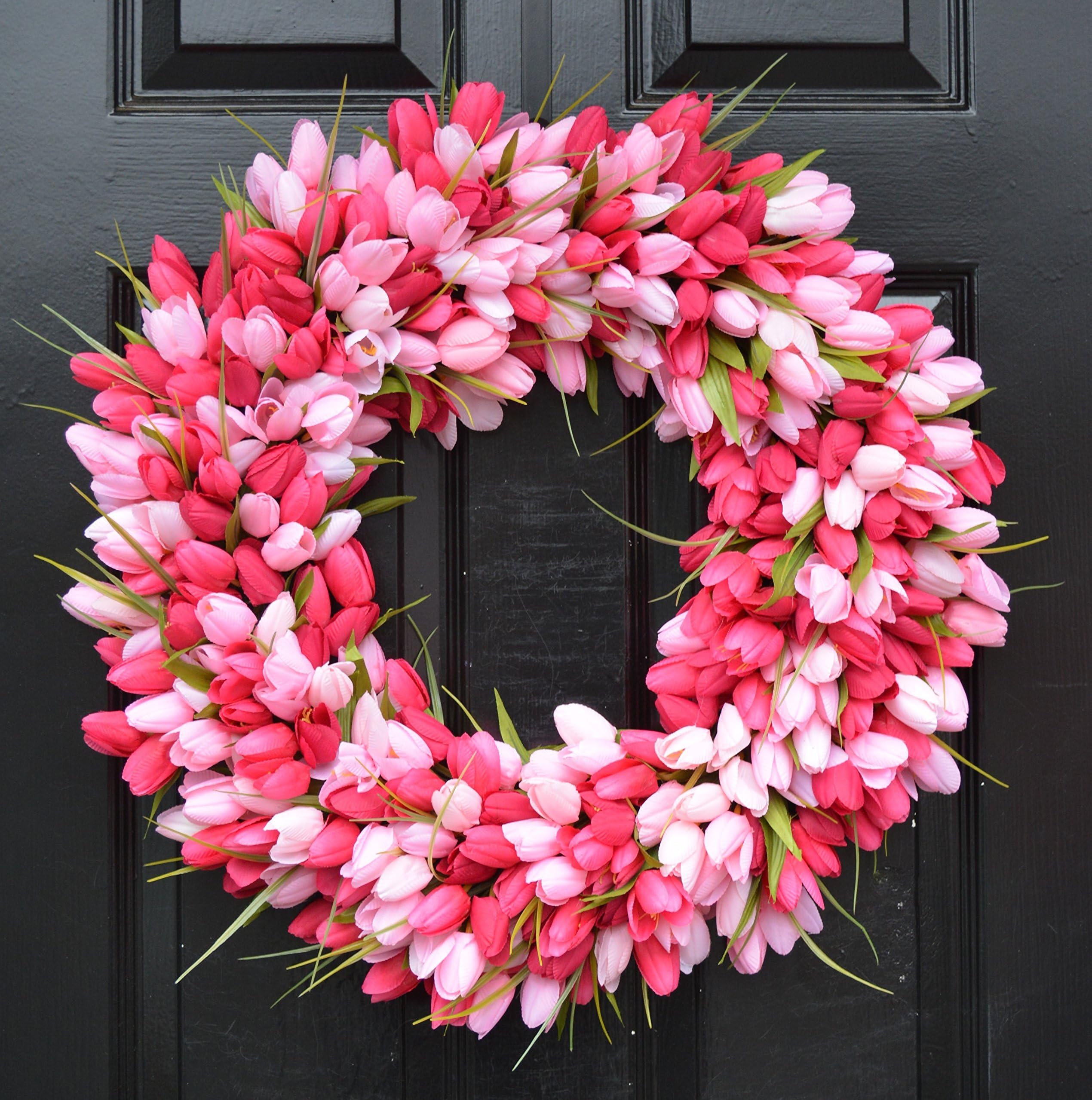 Elegant Holidays Thin Handmade Silk Tulip Wreath w Monogram & Bow- Decorative Home Décor Indoor Outdoor Storm Door- Welcome with Front Door Spring Wreaths- Great Easter/Valentine's Holiday 16-24 in