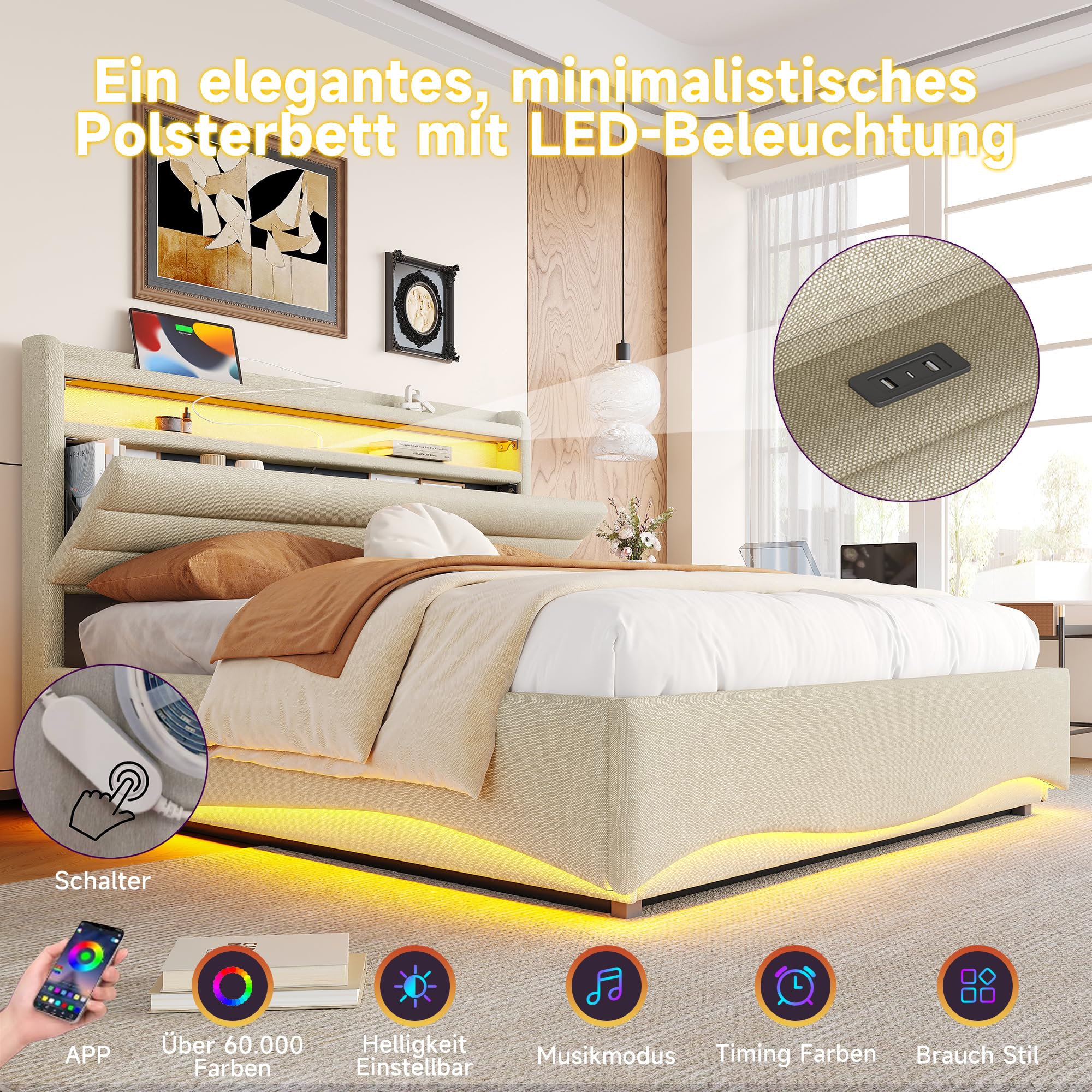 Dolamaní Polsterbett Doppelbett 140x200 cm, mit LED-Beleuchtung, Hydraulikmechanismus, USB- und Typ-C-Anschlüssen, Polster Kopfteil mit Ablageflächen, Leinenstoff, Ohne Matratze (Beige)