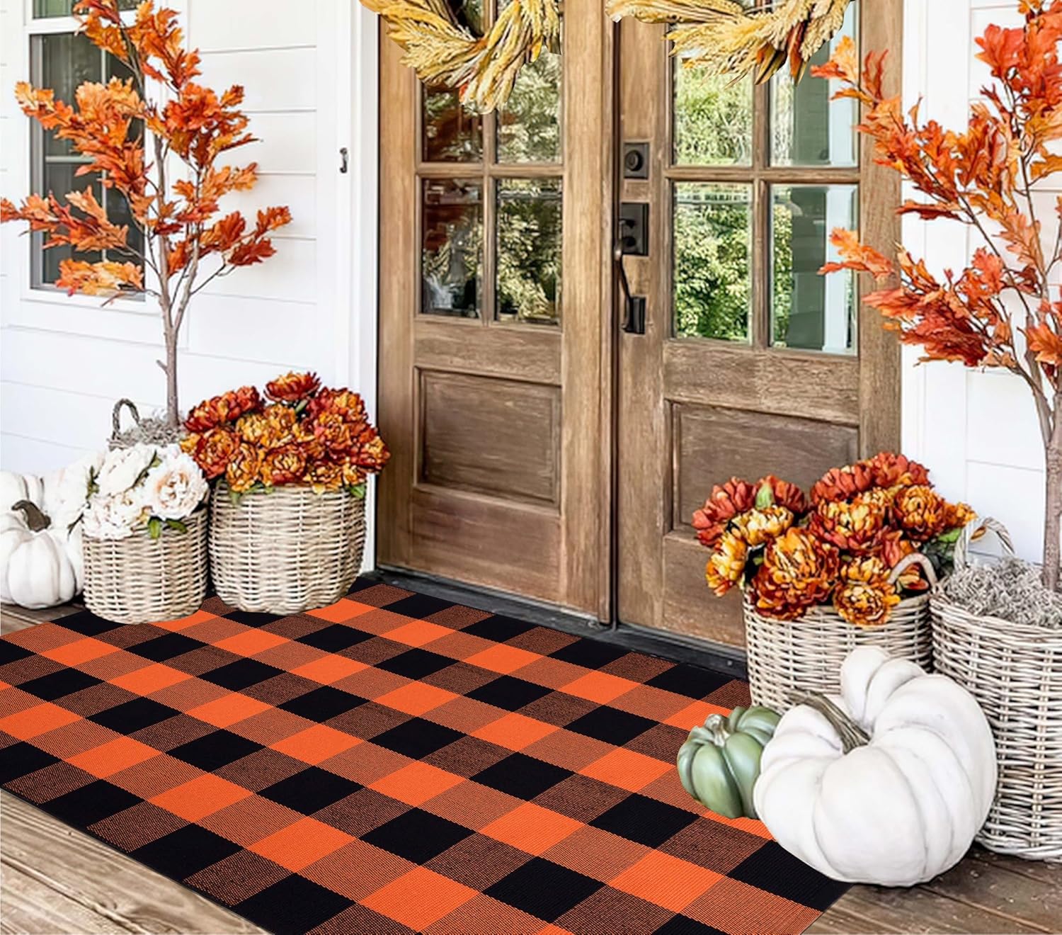 Orange and Black Outdoor Rug 3x5ft,Halloween Front Porch Mat Farmhouse Cotton Washable Layering Rug Checkered Area Rug for Porch,Entryway,Indoor,Outdoor,Halloween,Fall