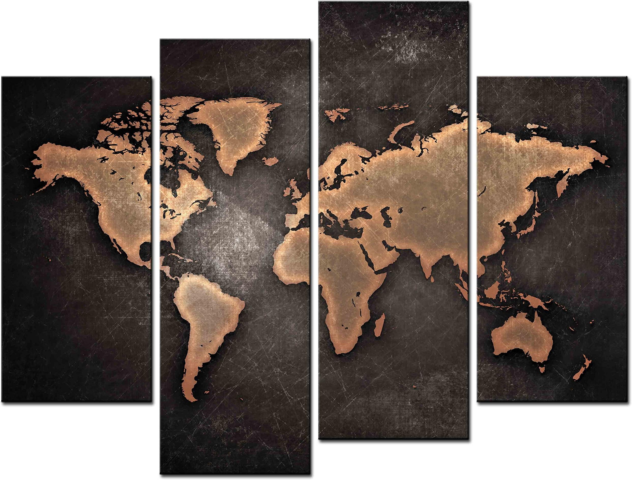 Still Life Paintings Wall Art World Map with Brown Background 4 Panel Picture Print on Canvas for Modern Home Decoration
