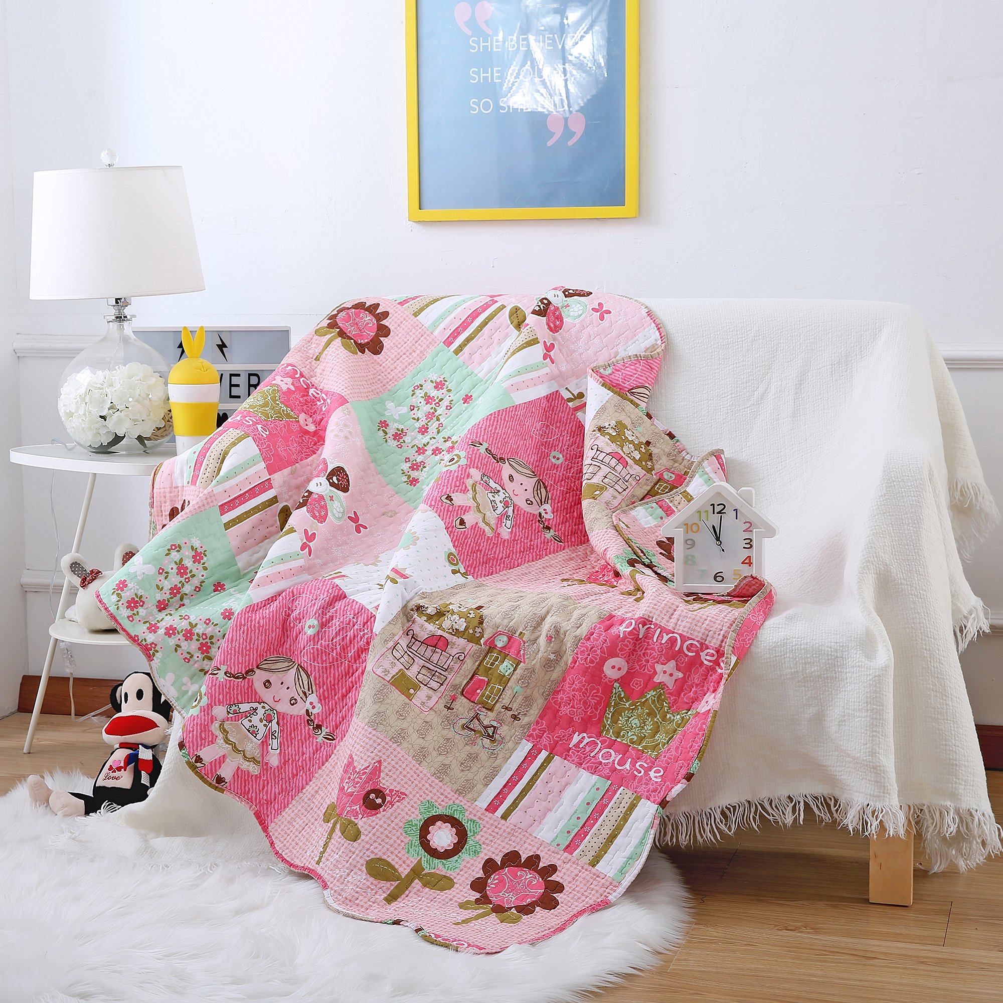 Ustide trapunta reversibile per lettino da bambini, in cotone, Cotone, Gilrs With Pigtail, 43"x51"
