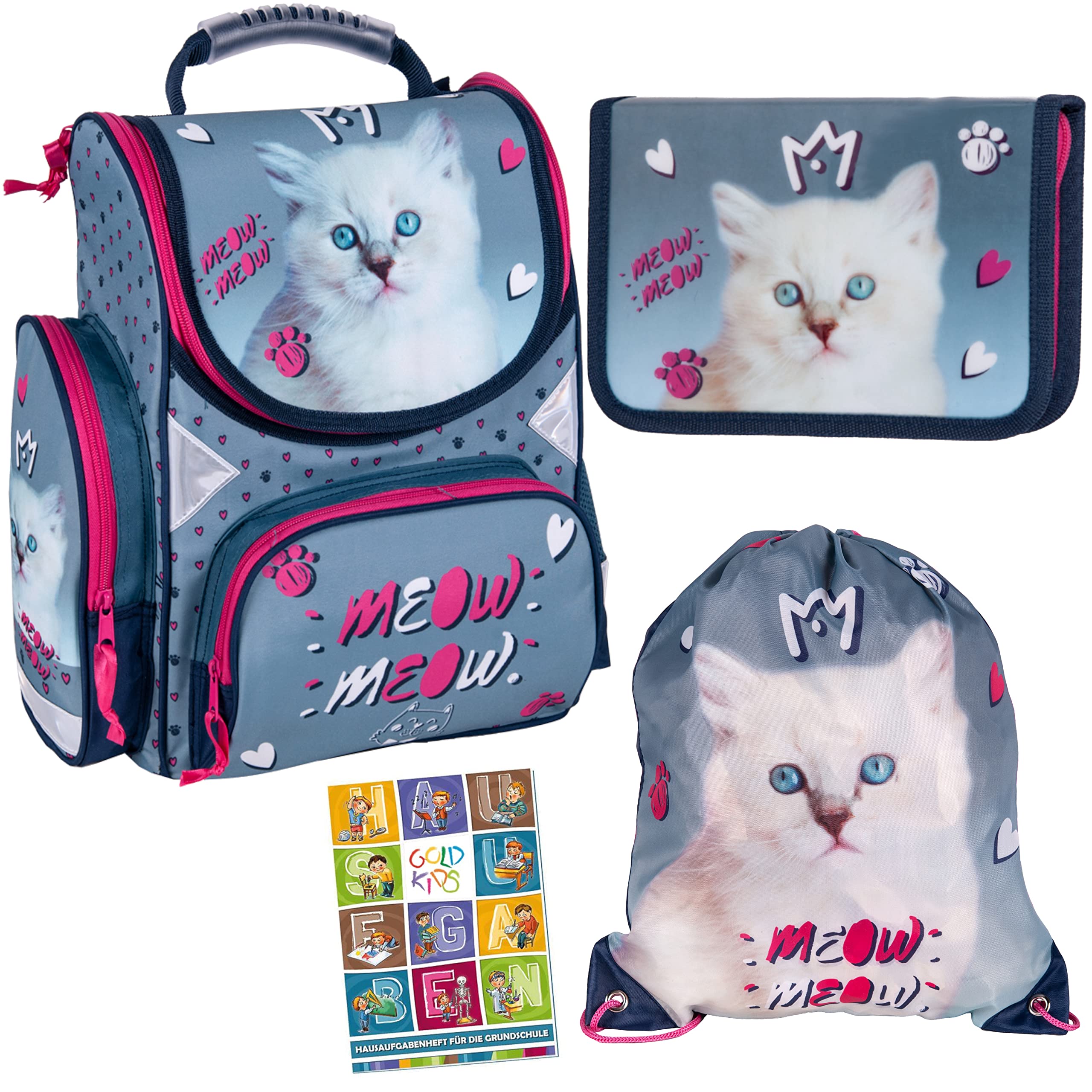 Goldkids Cartella per la scuola con motivo gatto ergonomico, astuccio per matite, per la scuola elementare, set da 4 pezzi, adatto a partire dalla prima classe della scuola elementare.