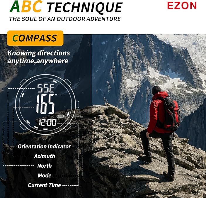 EZON H001 Military Digital Watch for Men, Tactical Outdoor Adventure Watch with Altimeter, Barometer, Compass, Thermometer, Sunrise/Sunset, Timer Ideal for Hiking, Trekking & Mountaineering