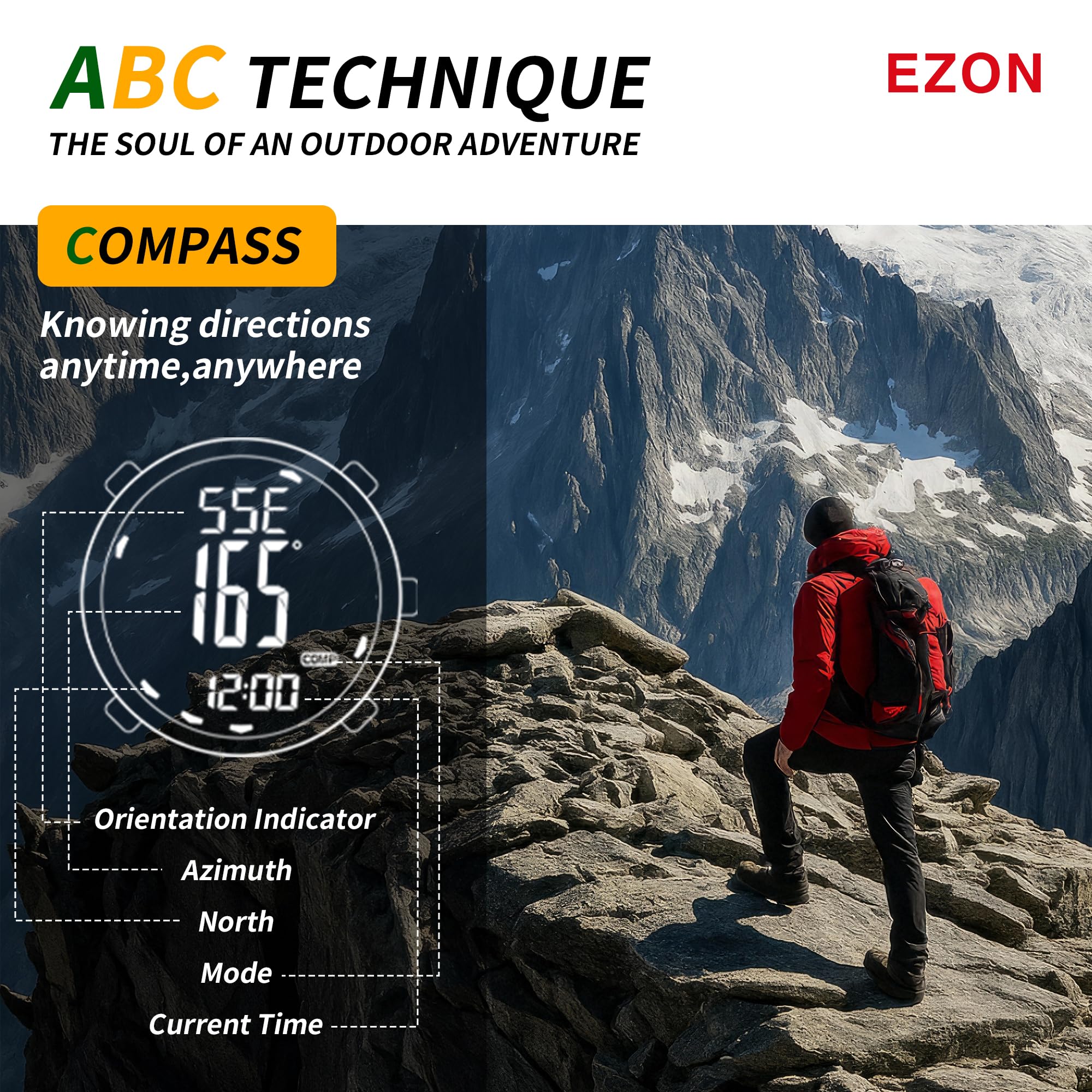 EZON H001 Orologio digitale militare da uomo, orologio tattico per attività all'aria aperta, con altimetro, barometro, bussola, termometro, alba/tramonto, timer, ideale per escursionismo, trekking e