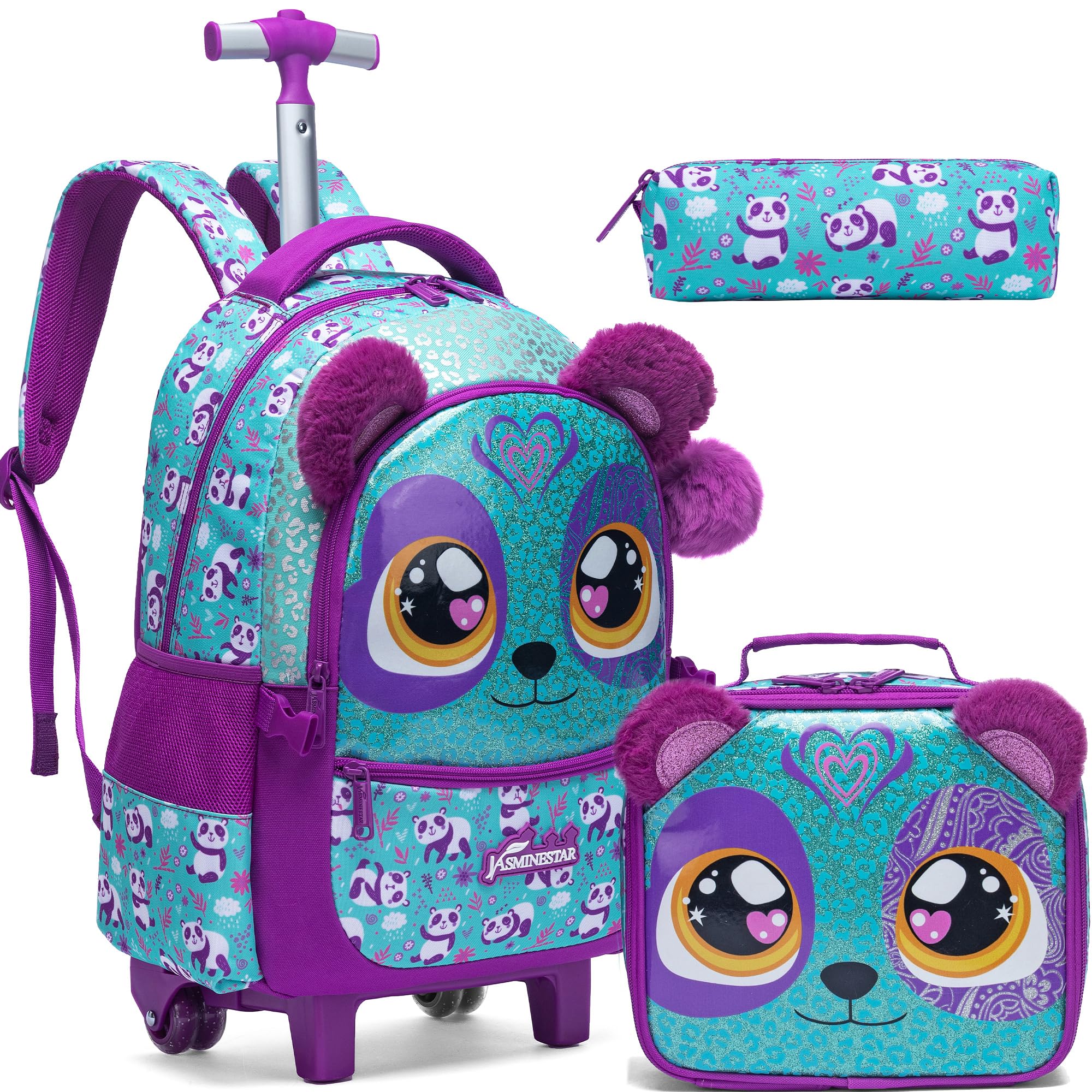 MYHSBYO Cute Rolling Backpack for Girls Backpacks with Wheels for Elementary Students Kids 3 in 1 Travel Luggage Carry on Suitcase with Lunch Box for