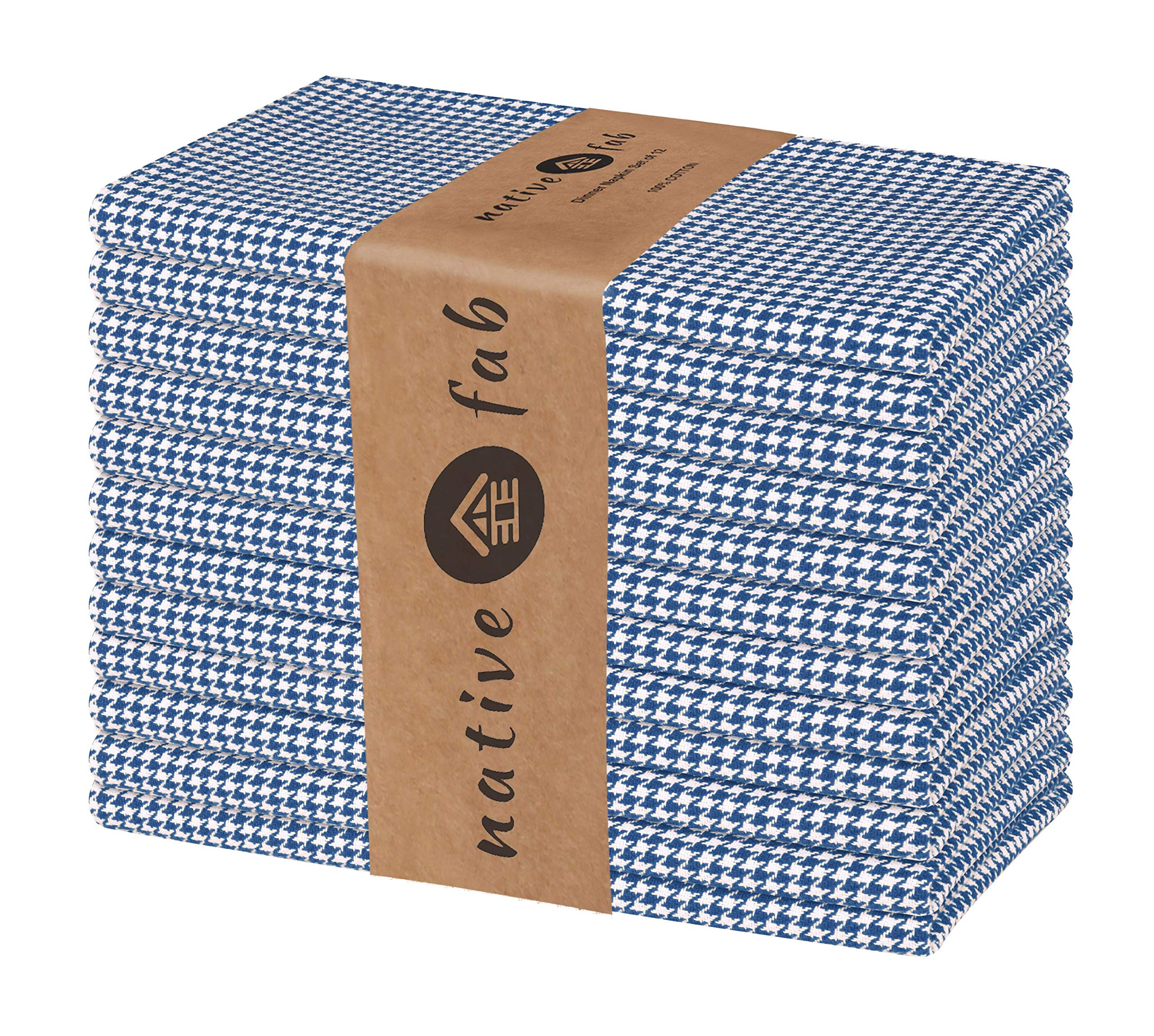 Native Fab Set of 12 Houndstooth Cloth Napkins - Cotton 46x46 cm Napkins - Durable Hotel Quality for Events Wedding Party Everyday Use - Absorbent Soft Comfortable Washable - Blue