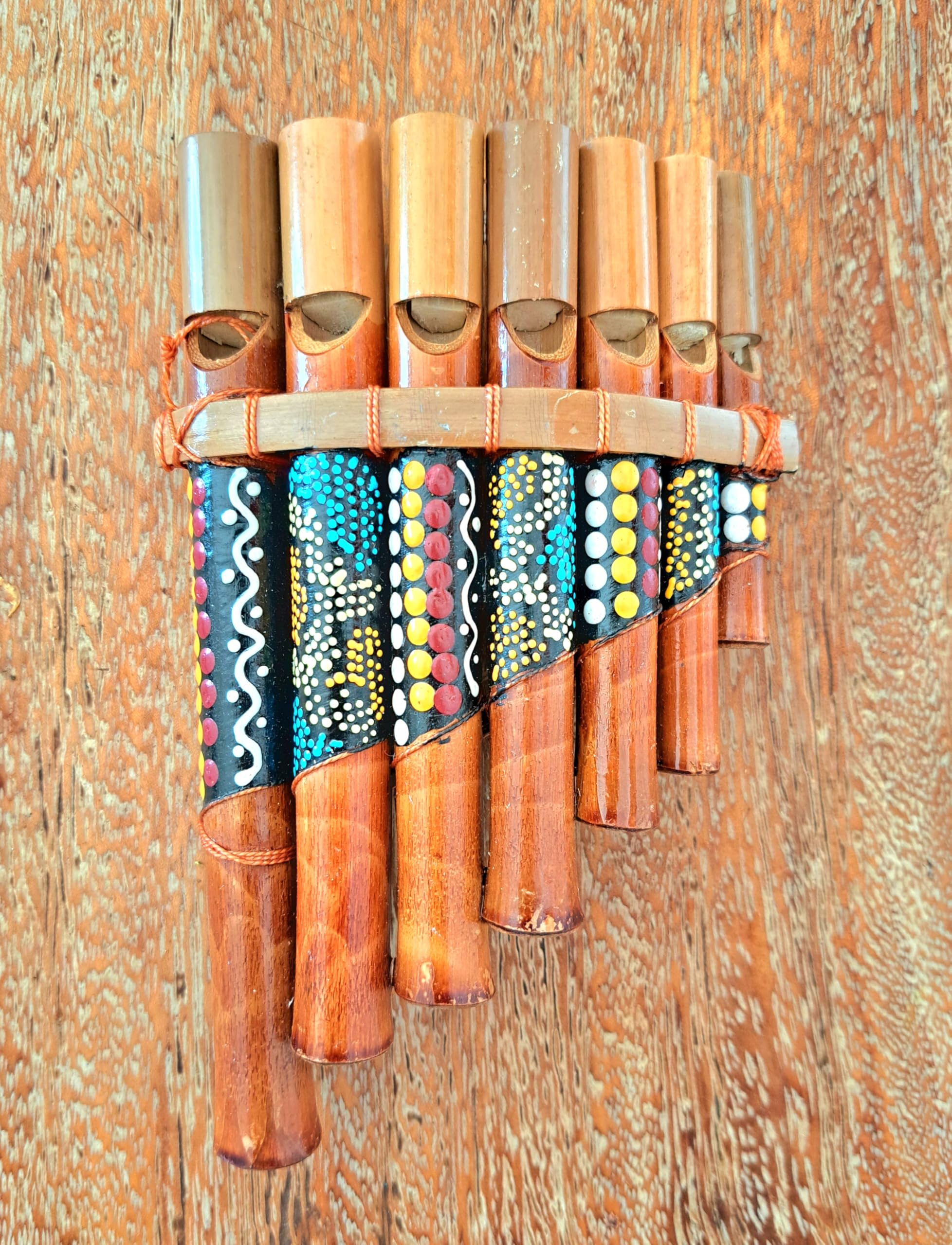 Flûte de pan en bambou Instrument de musique bois artisanale 7 tubes dot painting