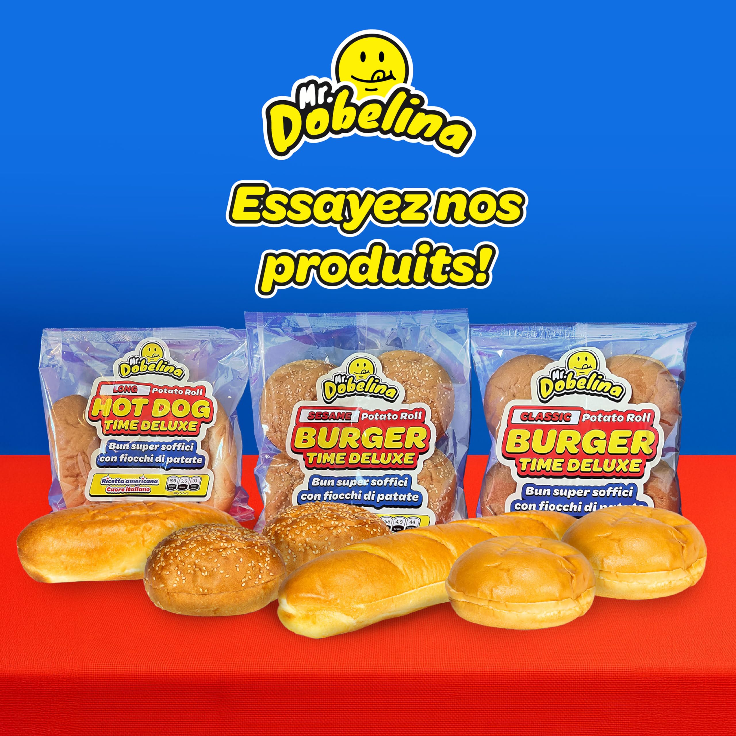 Mr. Dobelina Hot Dog Potato Rolls, 6 paquets de 4x60g et 16cm, moelleux et dorés, sans lactose, idéaux pour les riches hot-dogs à l'américaine, sans conservateurs ni additifs.