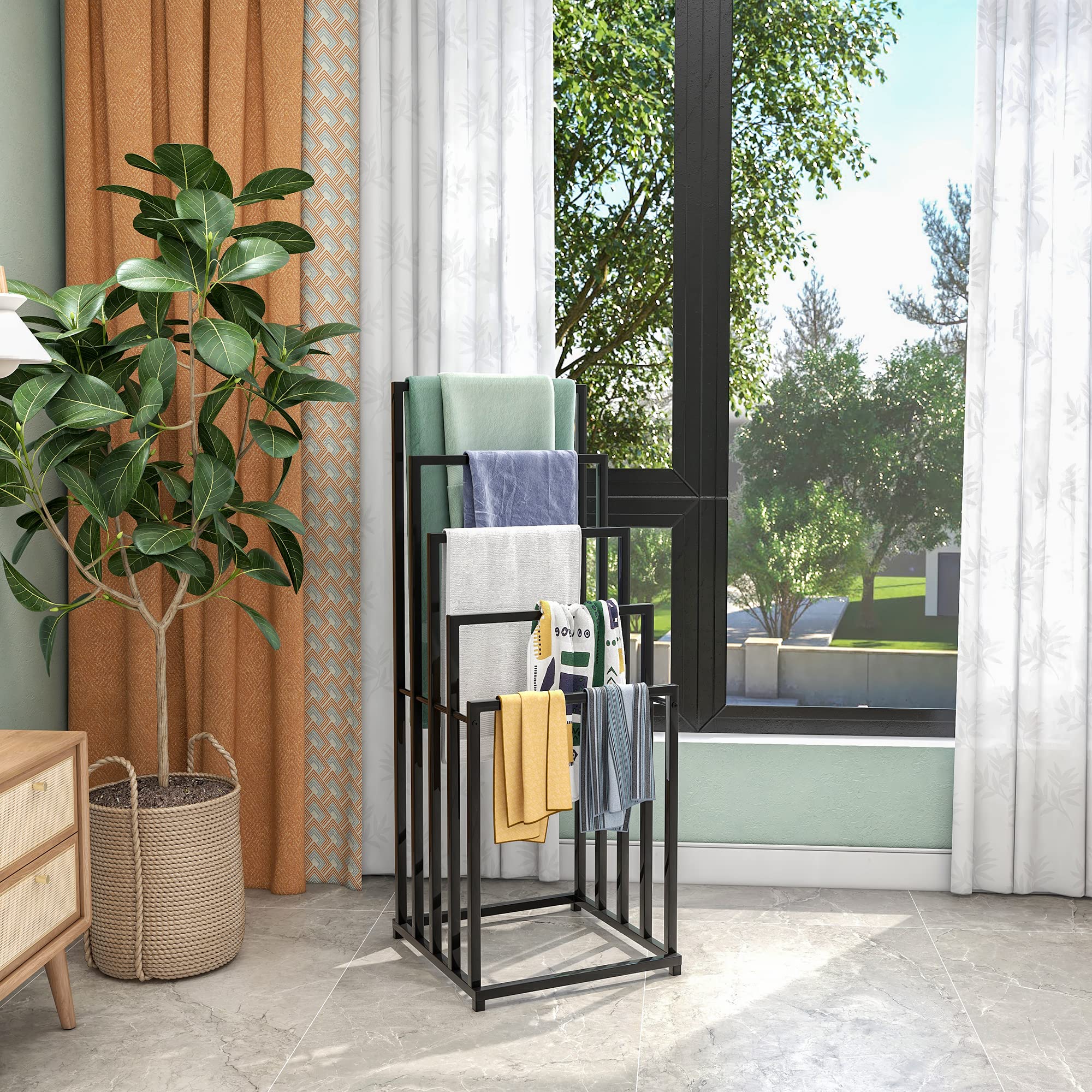 JELUTE Porte-Serviettes sur Pied Organisateur pour Salle de Bain et Serviettes Accessoires de Salle de Bain (5 Animaux, Noir)