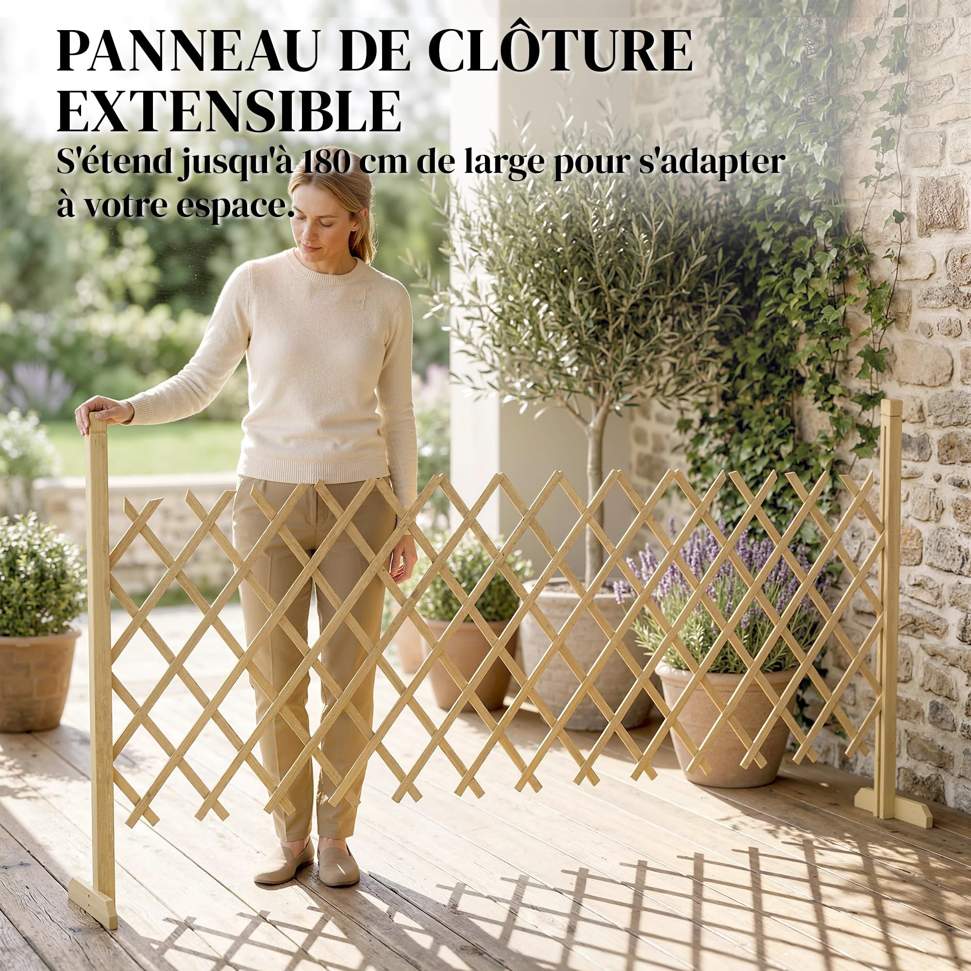 Outsunny Barriere Extensible en Bois de Sapin 180 cm, Base stable, Clôture de Jardin en bois pour Intérieur Extérieur Balcon Jardin, Naturel