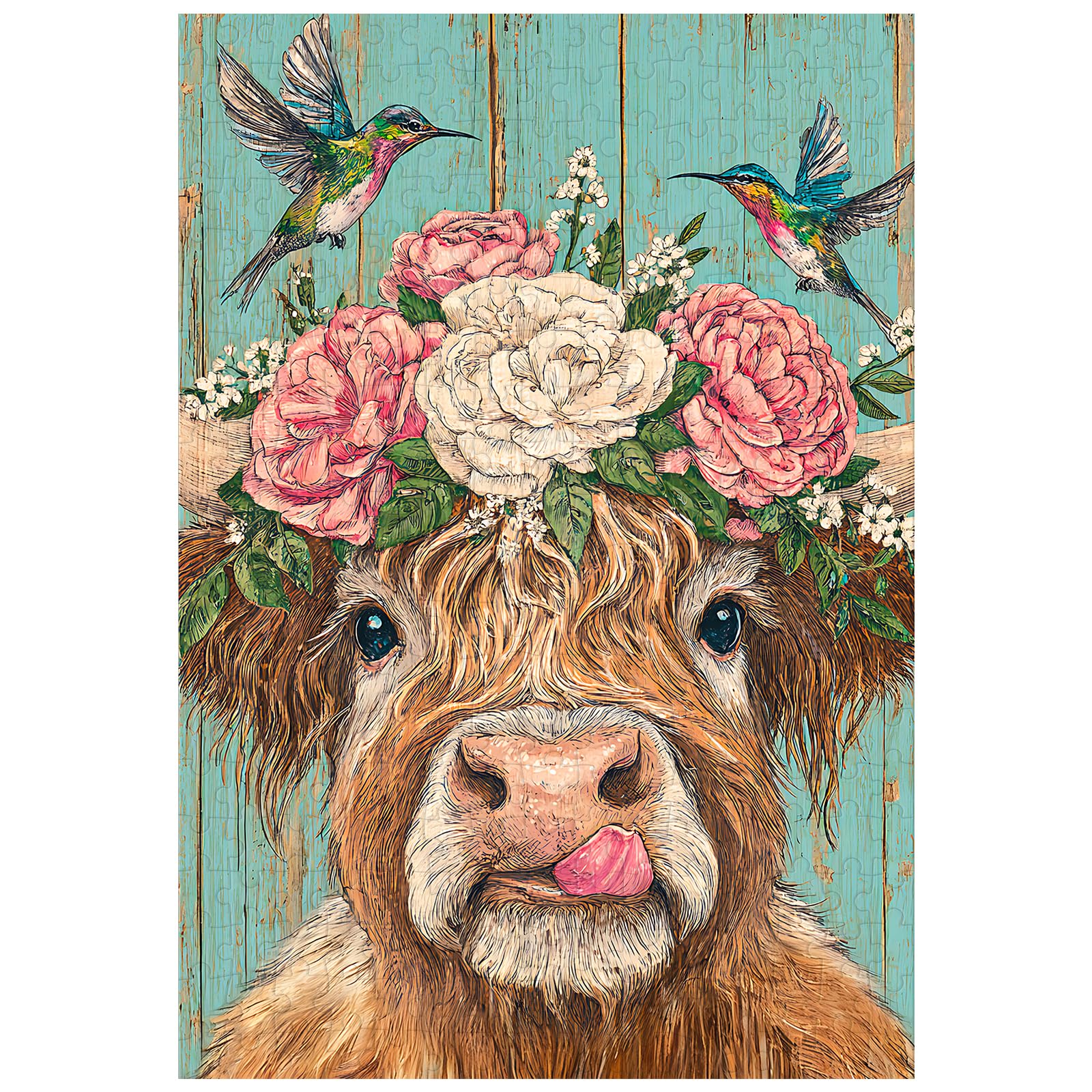 Great Jigsaw Puzzles for Adults 300 Pieces Rustic Highland Cow with Hummingbirds and Blossoms Puzzles for Adults Toys Gift Family Decoration Kids Puzzle