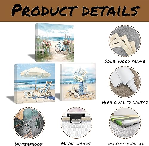 Miniatura 6 de QIXIANG Decoración de pared de baño de playa, 3 piezas, impresiones de margaritas sobre lienzo, imagen temática de paisaje marino azul para