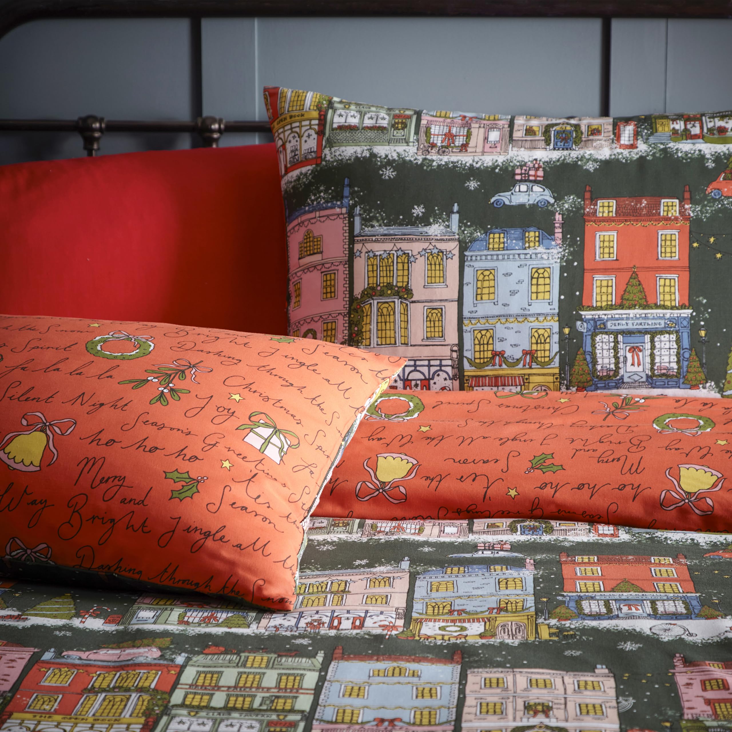 furn. Christmas Spirit Festive Duvet Cover Set - Heritage Town Scene Reversible Bedding (Green - King) - Image 2