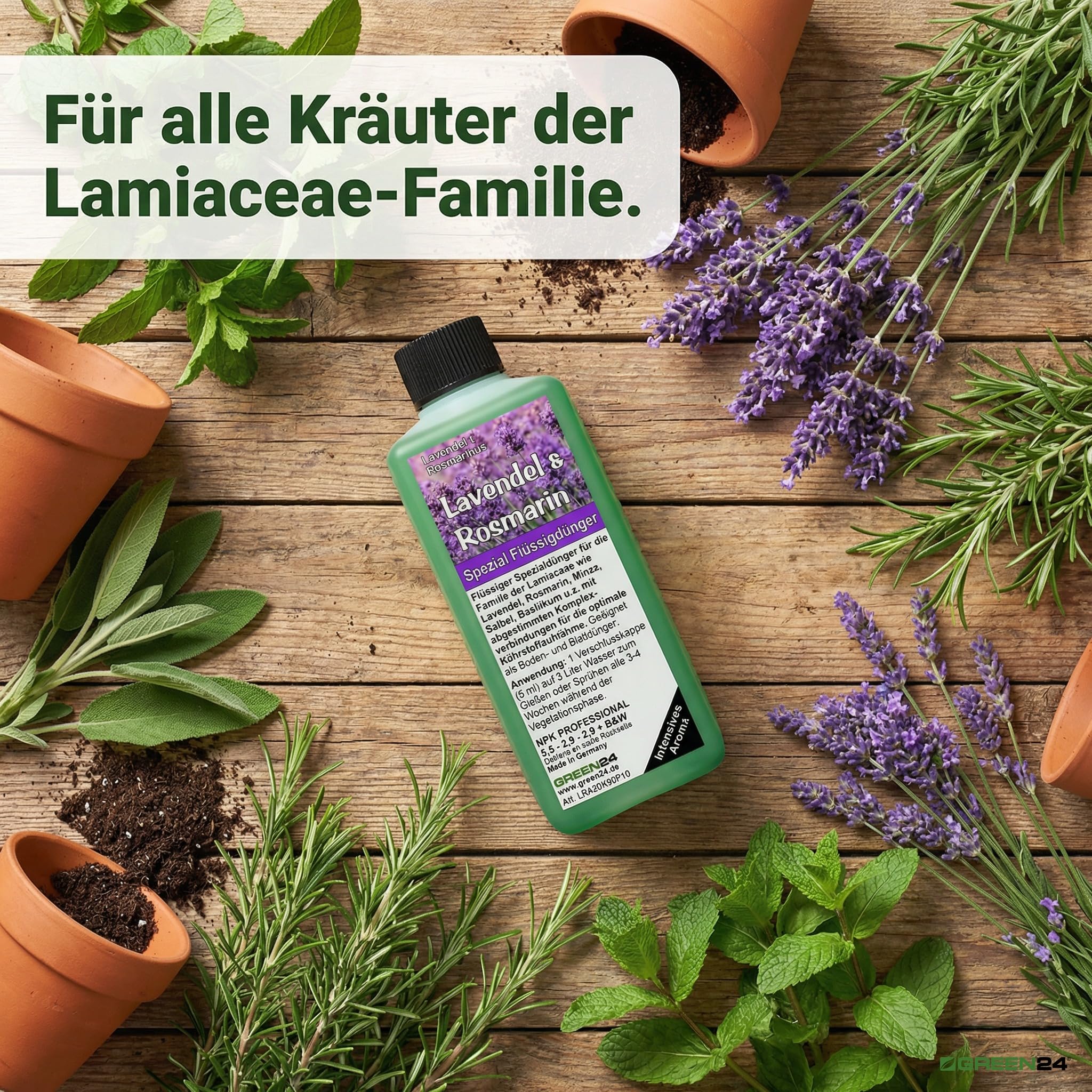 Lavendel & Rosmarin Dnger  NPK Volldnger fr Lamiaceae | Lavandula,  Rosmarinus officinalis, Salbei, Thymian, Minze, Basilikum | Flssigdnger  Konzentrat 250 ml | GREEN24 PROFI LINIE : Amazon.de: Garten