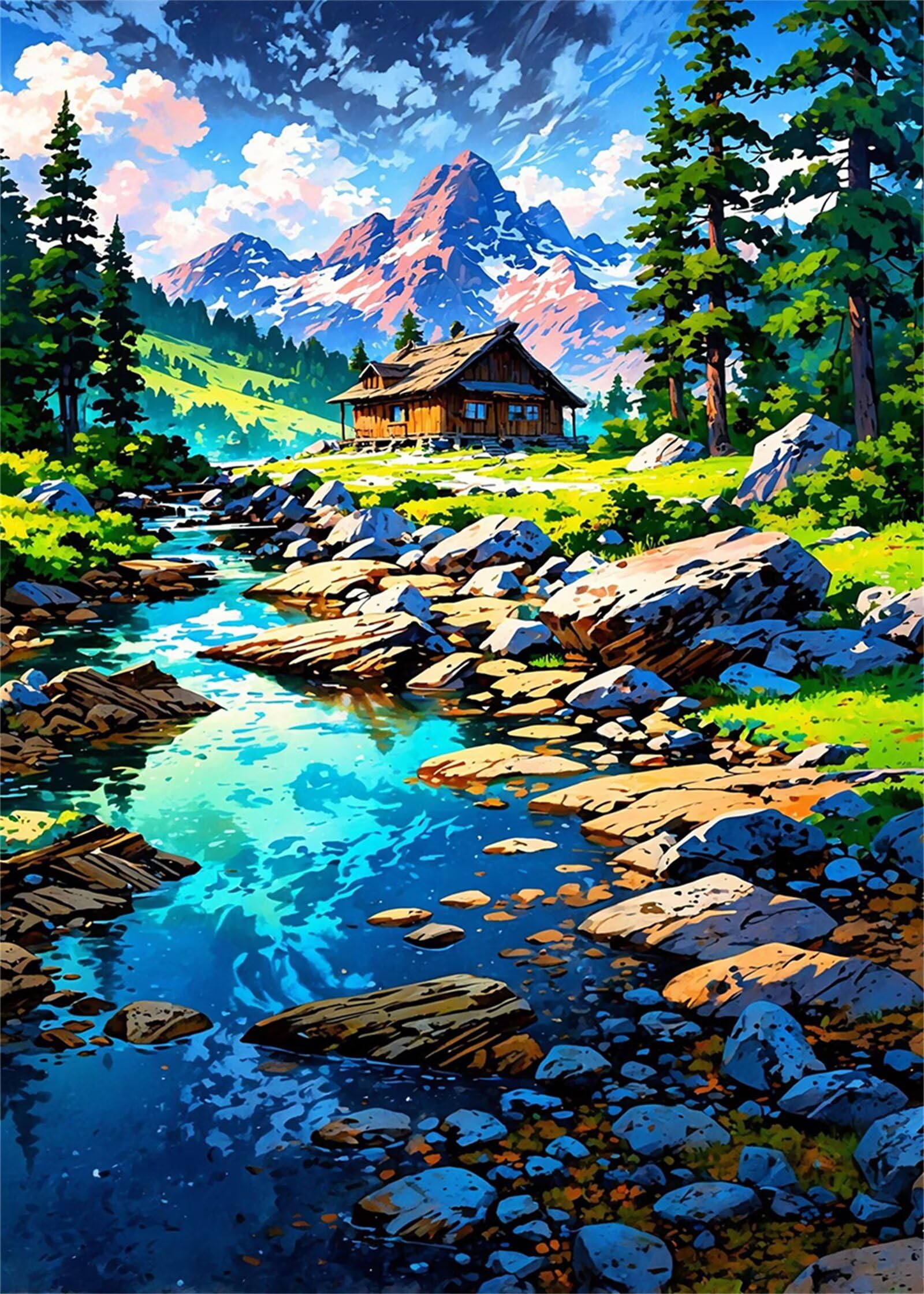 Paisaje del río de la cabaña Pintar por Numeros sin marco DIY Cuadro Con Números Kit de Pintura al óLeo Digital para Adultos de Lienzo Paint by numbers Kits Manualidades para Hogar Decoración 60x75 cm