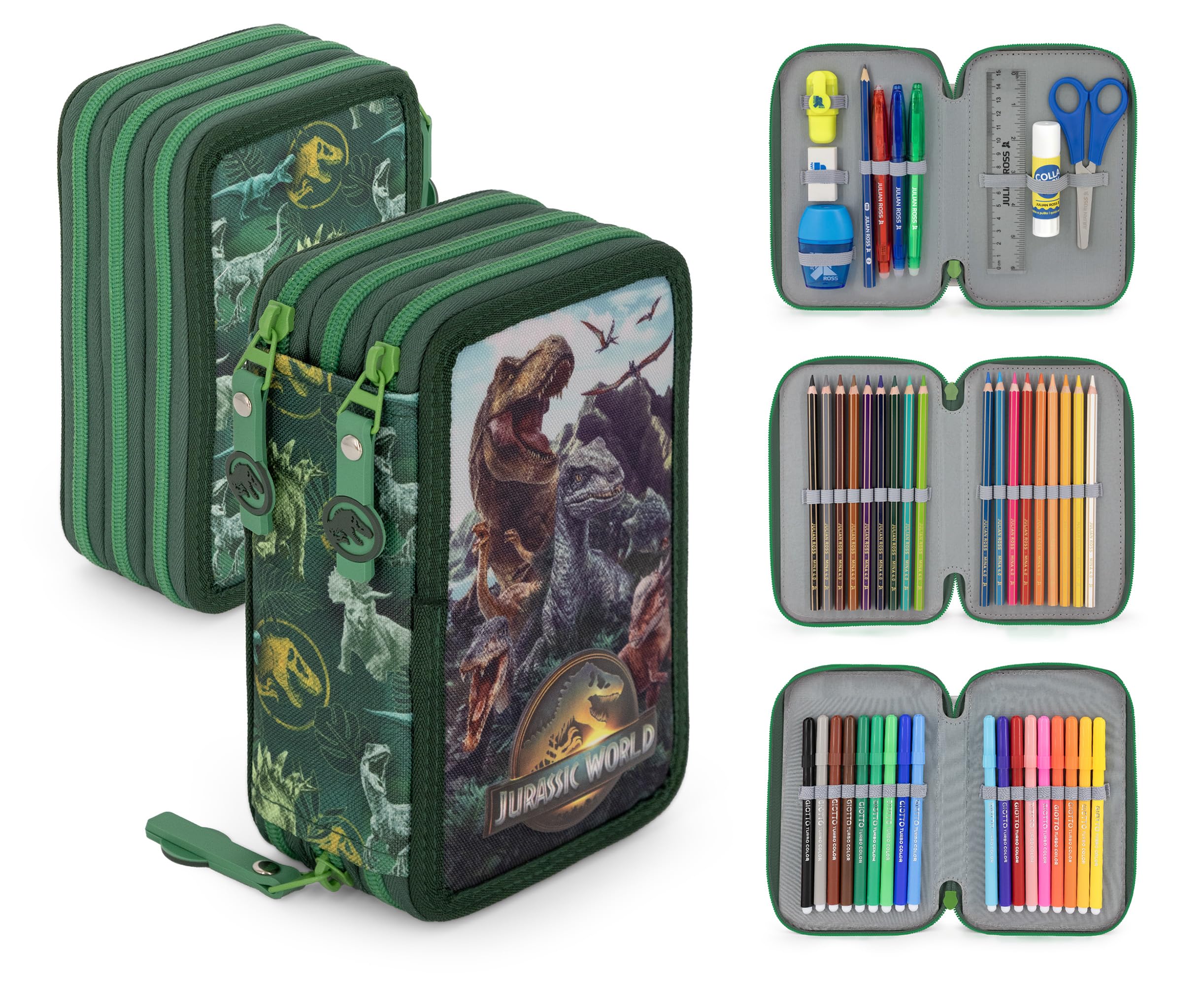 Jurassic World 3-Fach Federmäppchen Set 46 Teile für Jungen Schulmäppchen mit Stiften