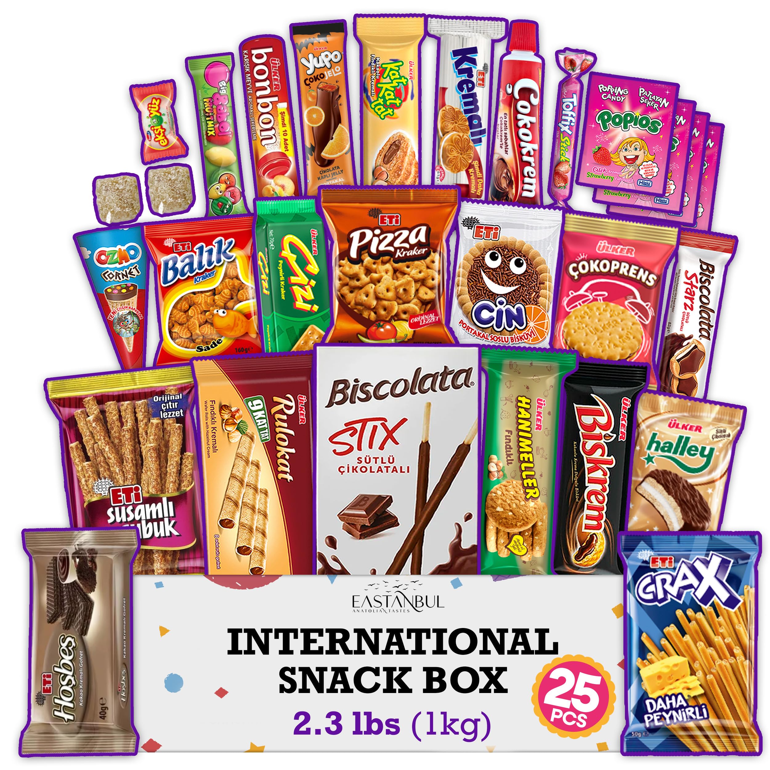 Eastanbul International Snack Box, Premium 25 Full-Size Foreign Snack Box, From Around The World International, Sweet, Savory, Chewy, Crunchy