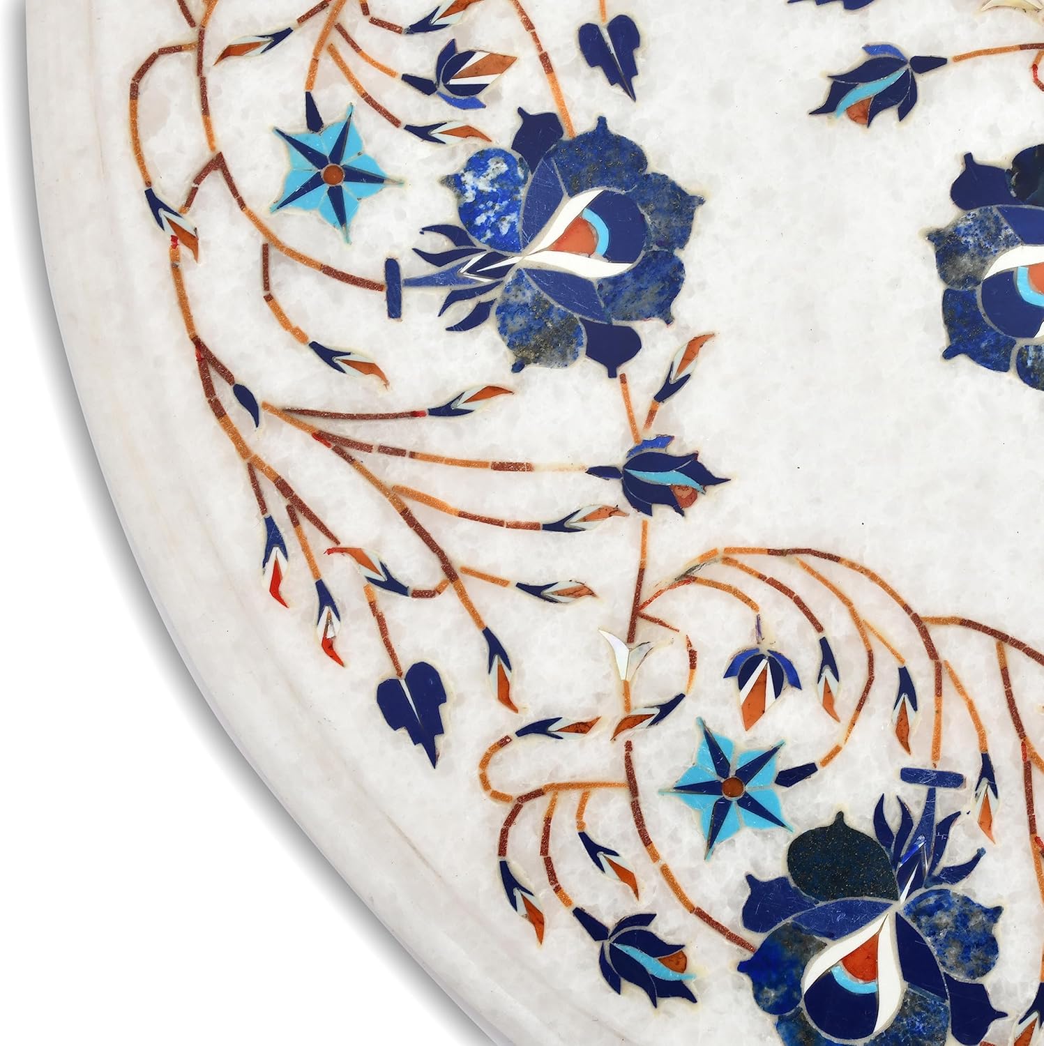 Handcrafted Marble Coffee Table Top with Intricate Inlay Work for Coffe Table | Floral Design Corner Table Top with Pietre Dura Artwork, (White, Blue)