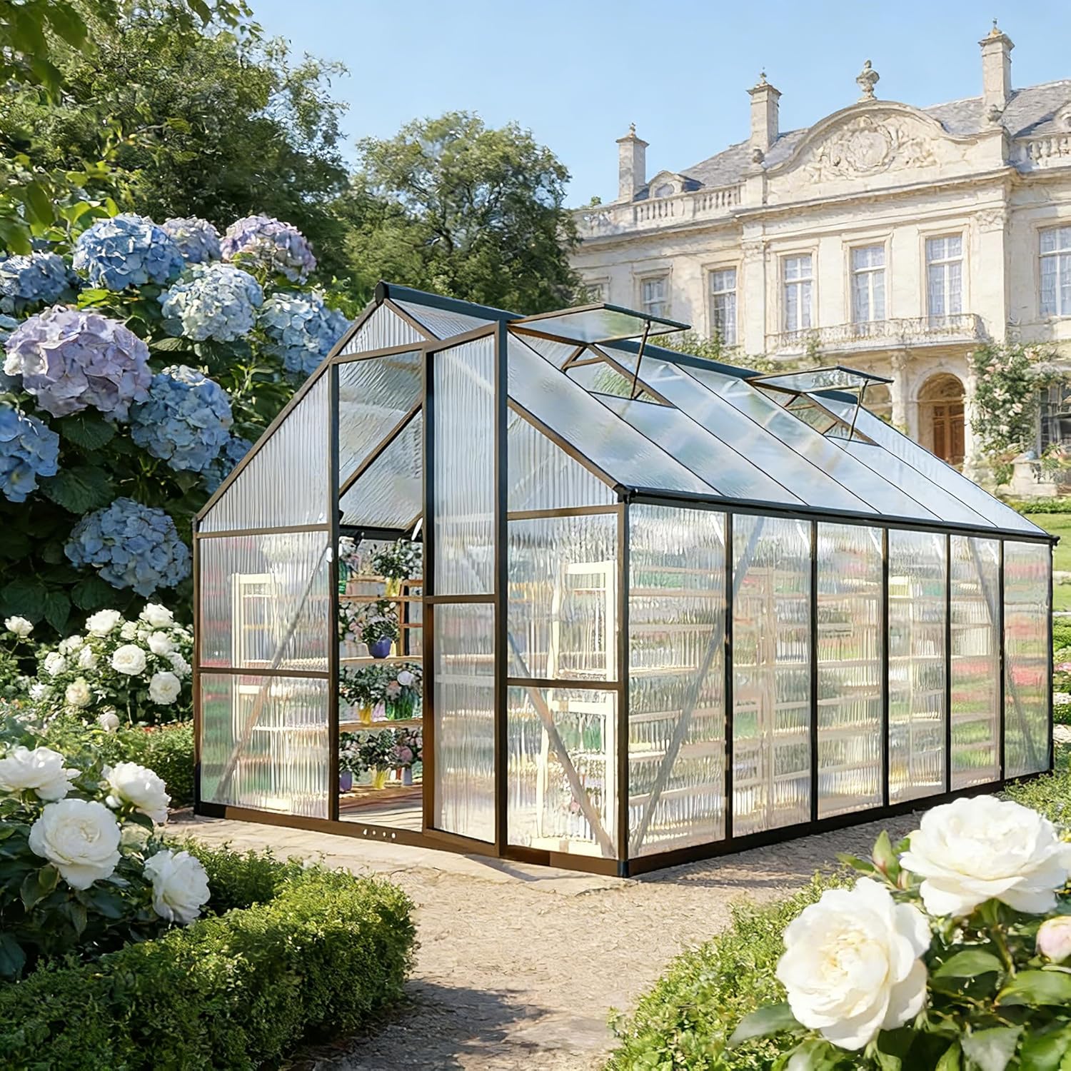8x12FT Greenhouse for Outdoors, Polycarbonate Greenhouse with Roof Vent, Aluminum Large Walk-in Green House for Outside Garden Backyard, Ground Nails, Lockable Push Door, Dark Gray