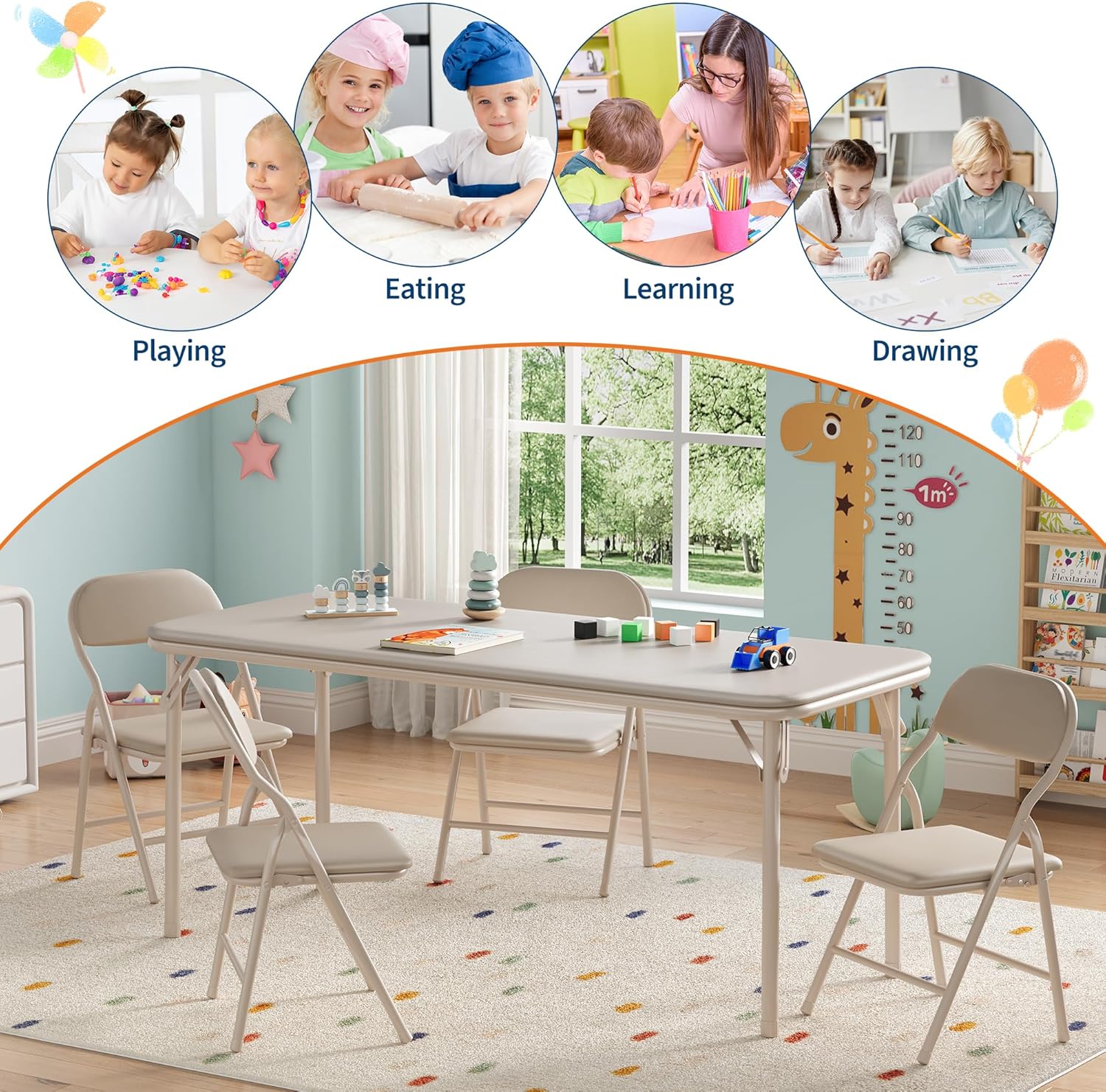 GarveeHome 5-Piece Kids Folding Table and Chairs Set, Toddlers Children's Activity Table and Chairs Set for Dining Room, Daycare, Classrooms
