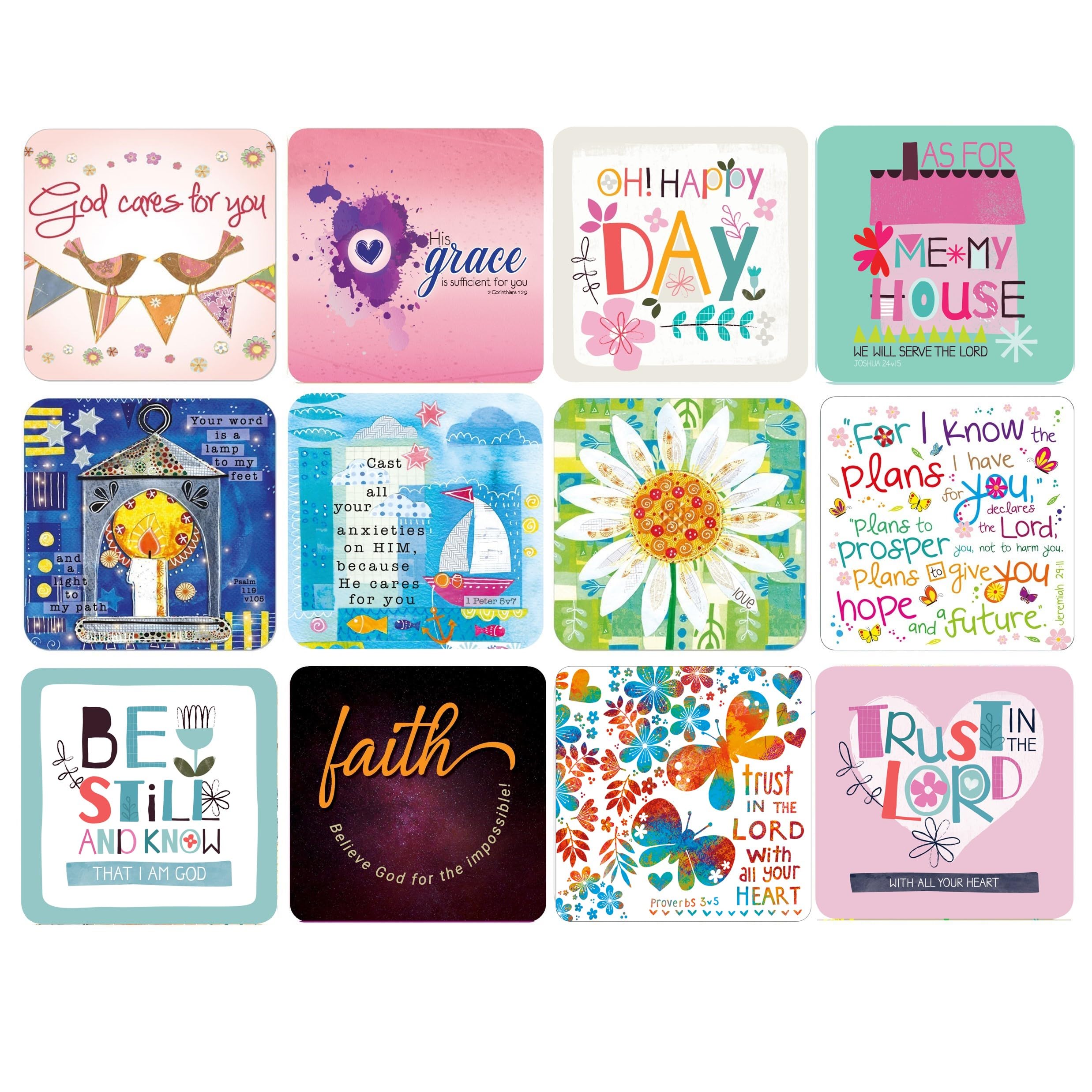 Christian Coasters with Scripture, Set of 12 Cork Coasters, 9.5cm Square